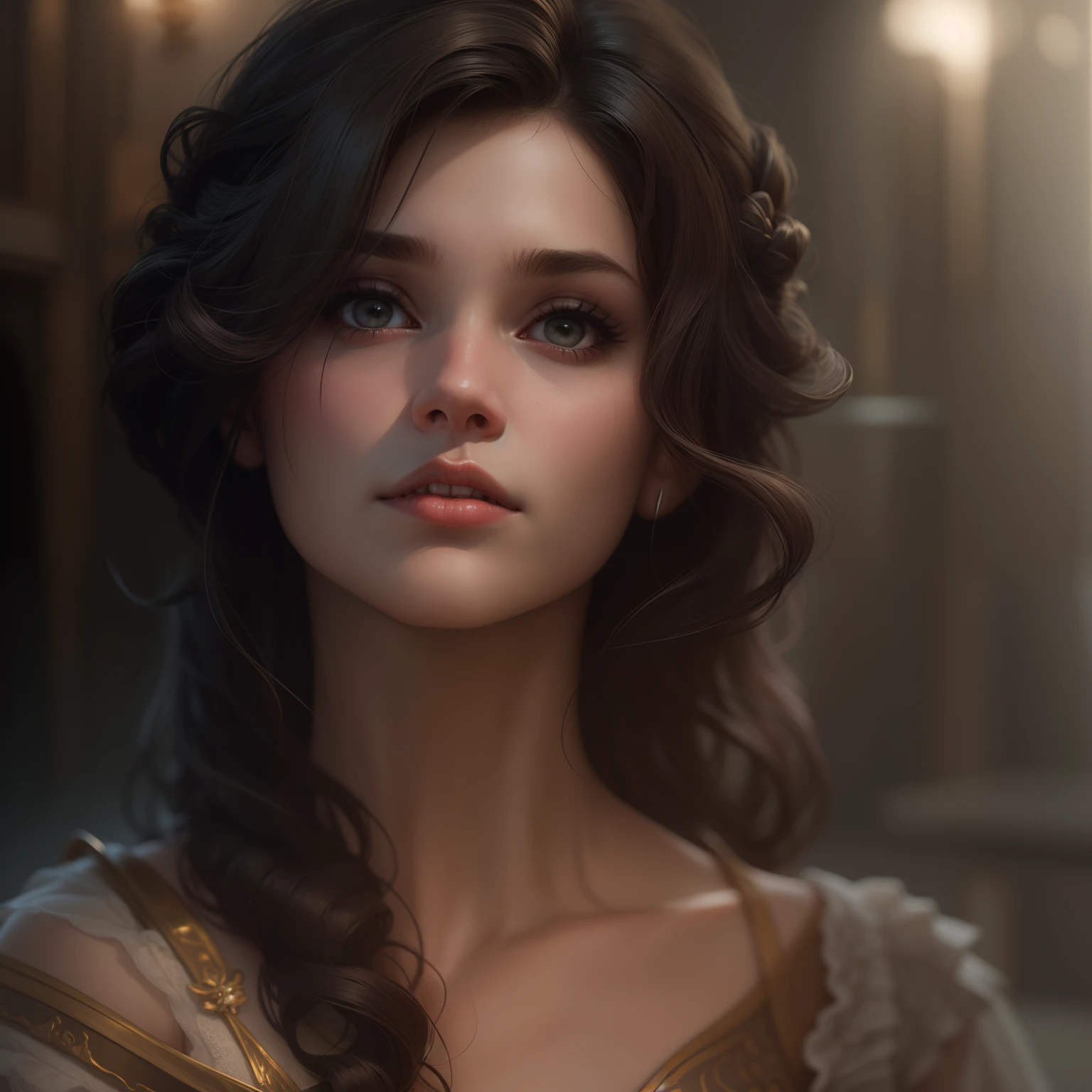 Uma mulher morena com cabelos muito longos, Realistic, Muitos detalhes, Tema Fantasia, rosto da princesa, imagem de rosto, Realismo, Cinematic lighting, super detalhe, 4K, melhor imagem