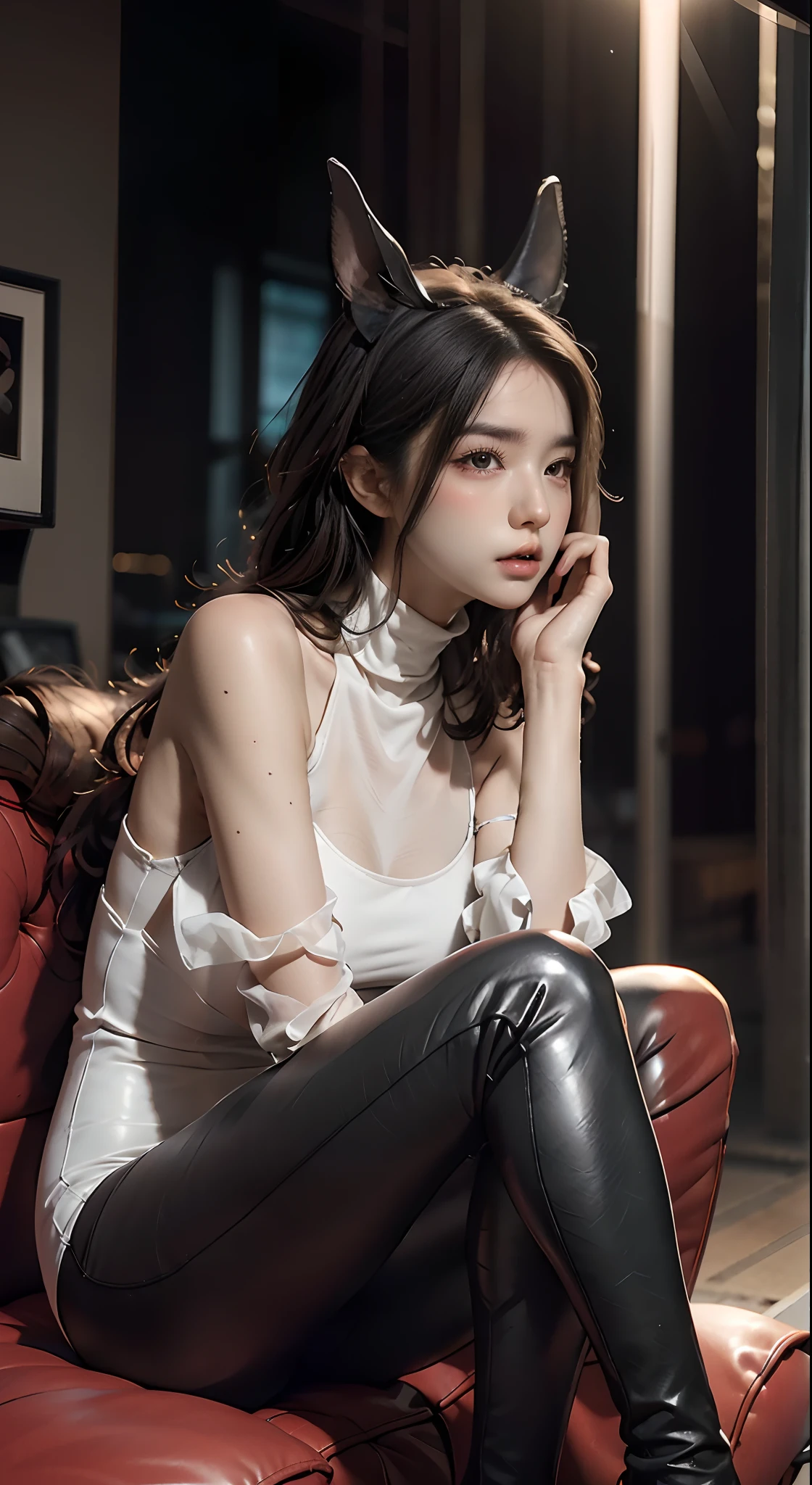 primitive， tmasterpiece， ultra fine photos， ， best qualtiy， 超高分辨率， realisticlying， rays of sunshine， full-body portraits， stunningly beautiful， ， dynamicposes， delicated face， Vibrant eyes， （the sideview） ， She wears futuristic outfits， tight leather pants， turtleneck top， cropped shoulders， Batman ears， sitting on a leather sofa， very highly detailed background， 详细的脸， detailed tidy background， opulent， milkyW， highdetailskin， Realistic details of skin，Visible pores，Clear focus，volume fog，8K  UHD，digital SLR camera，high high quality，filmgrain，White skin of the，photorealisti，Lomorro，Utopian metropolis of the future，look from down，semi transparent，Translucent dress：1.3，The room was big