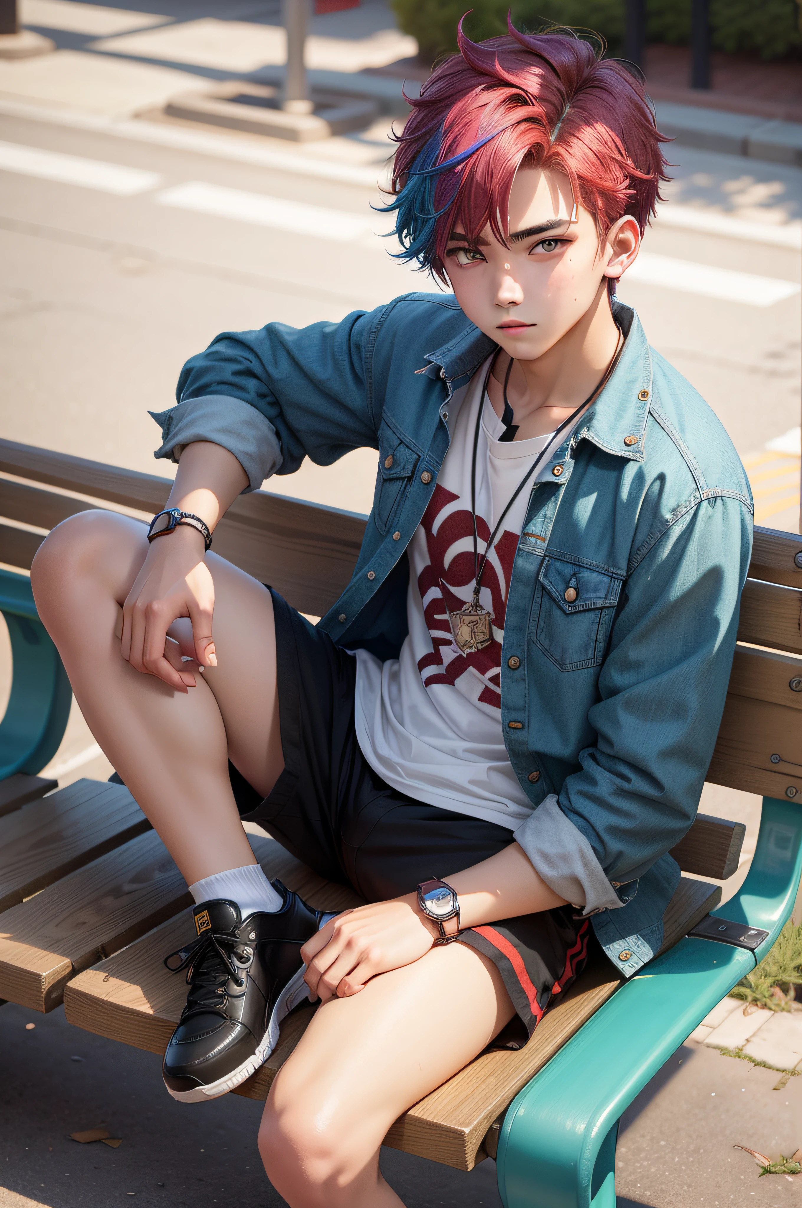 Teenage boy, colorful hair, handsome, detailed, high quality professional photo, street clothes, sitting on park bench, wearing shorts