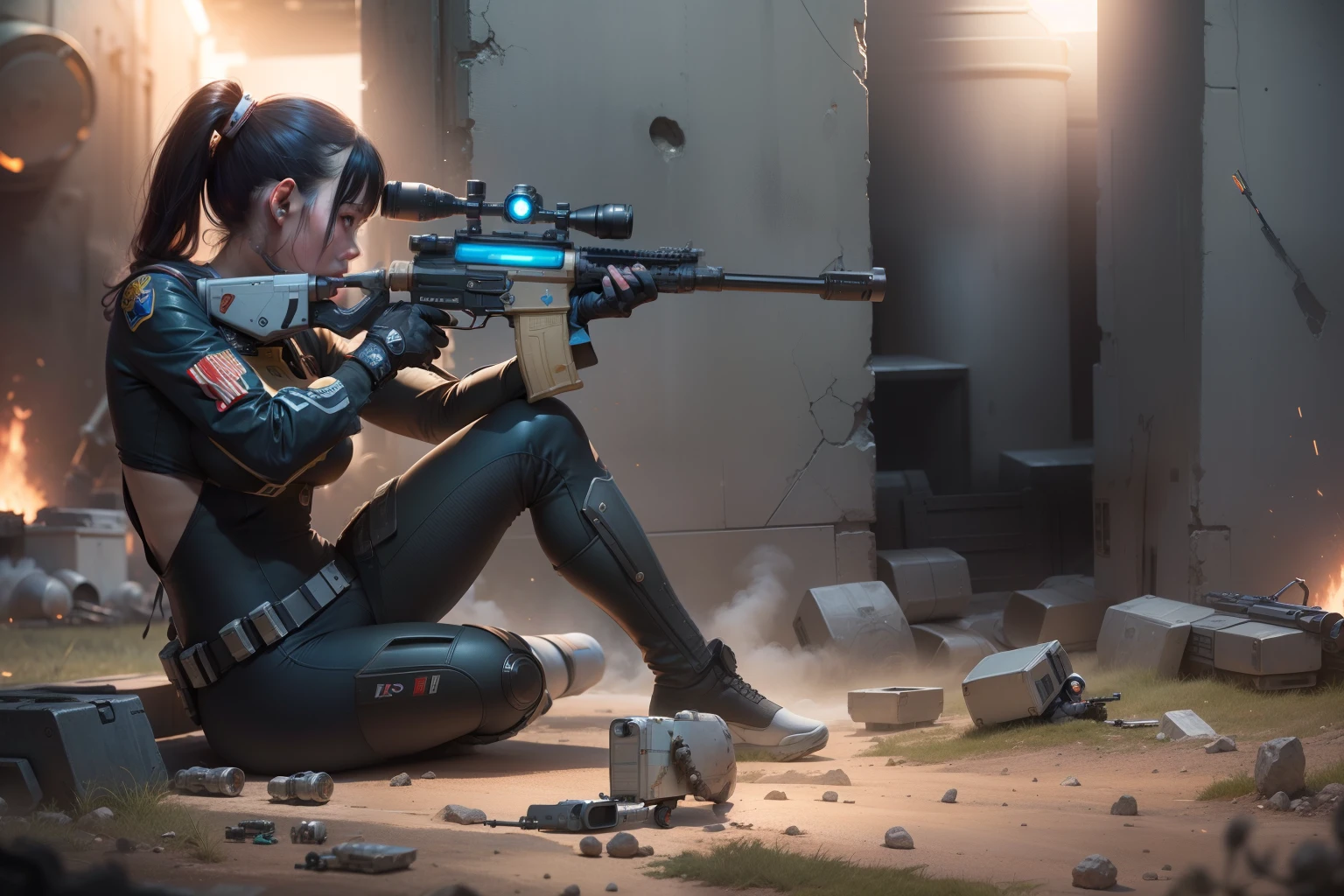 space girl with gun fighting wars, space battle war, fighting bad guys crouched down athletic shooting position, space station, smoke, gunfire, three armed enemy, two space suit bystanders, 64k resolution hyperdetailed, photorealistic, in the style of Robert Rodriguez