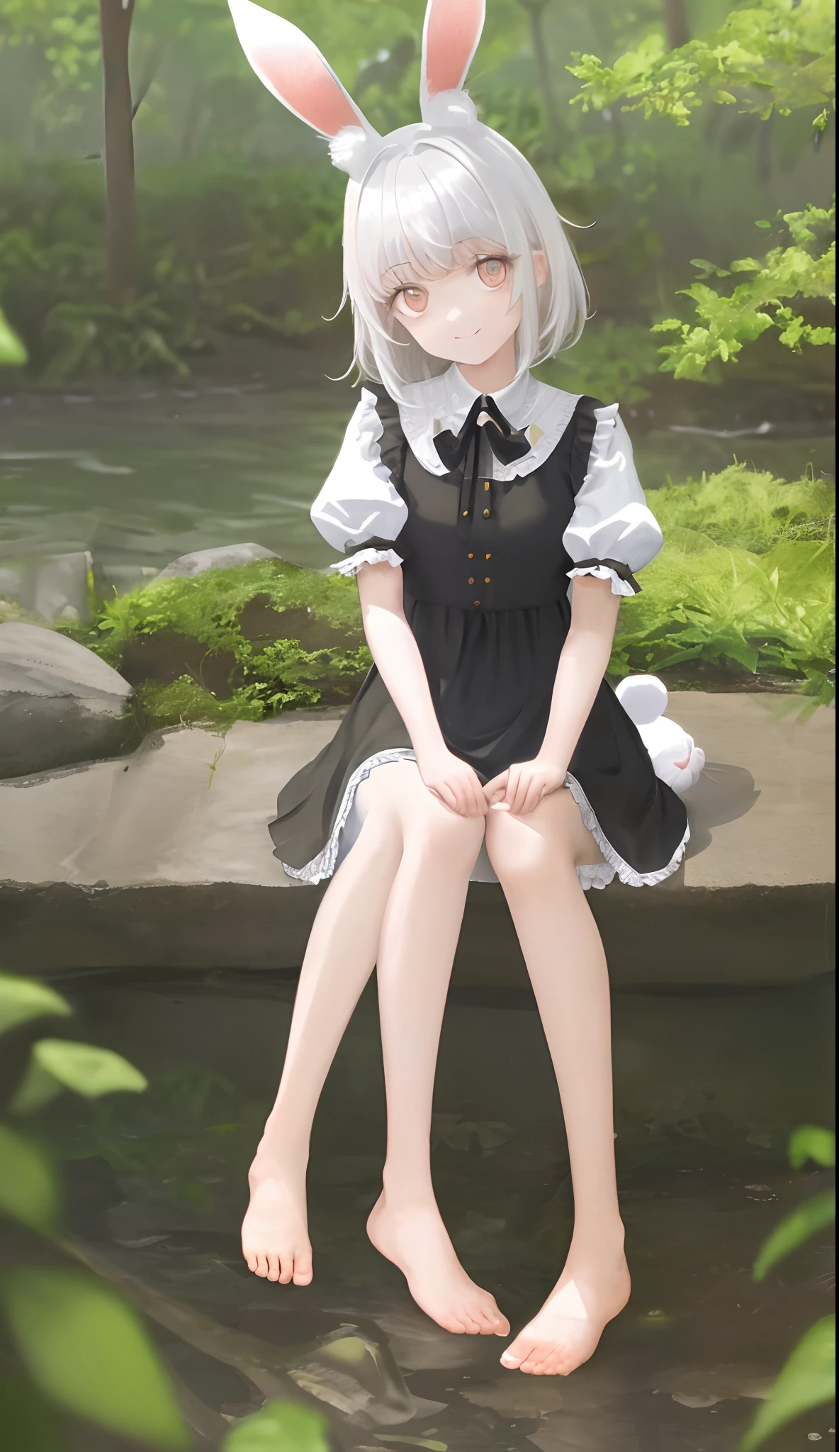 ((Masterpiece,Best quality)),1girll, Solo, Animal ears, Rabbit, Barefoot, Knees up, dress, Sitting, Rabbit ears, Short sleeves, view the viewer, Grass, Short hair, Smile, White hair, Puffy sleeves, Outdoors, puffy short sleeves, bangs, on ground, full bodyesbian, Animal, White dress, Sunlight, Brown eyes, Dappled sunlight, day, Depth of field ,Wet gorund,