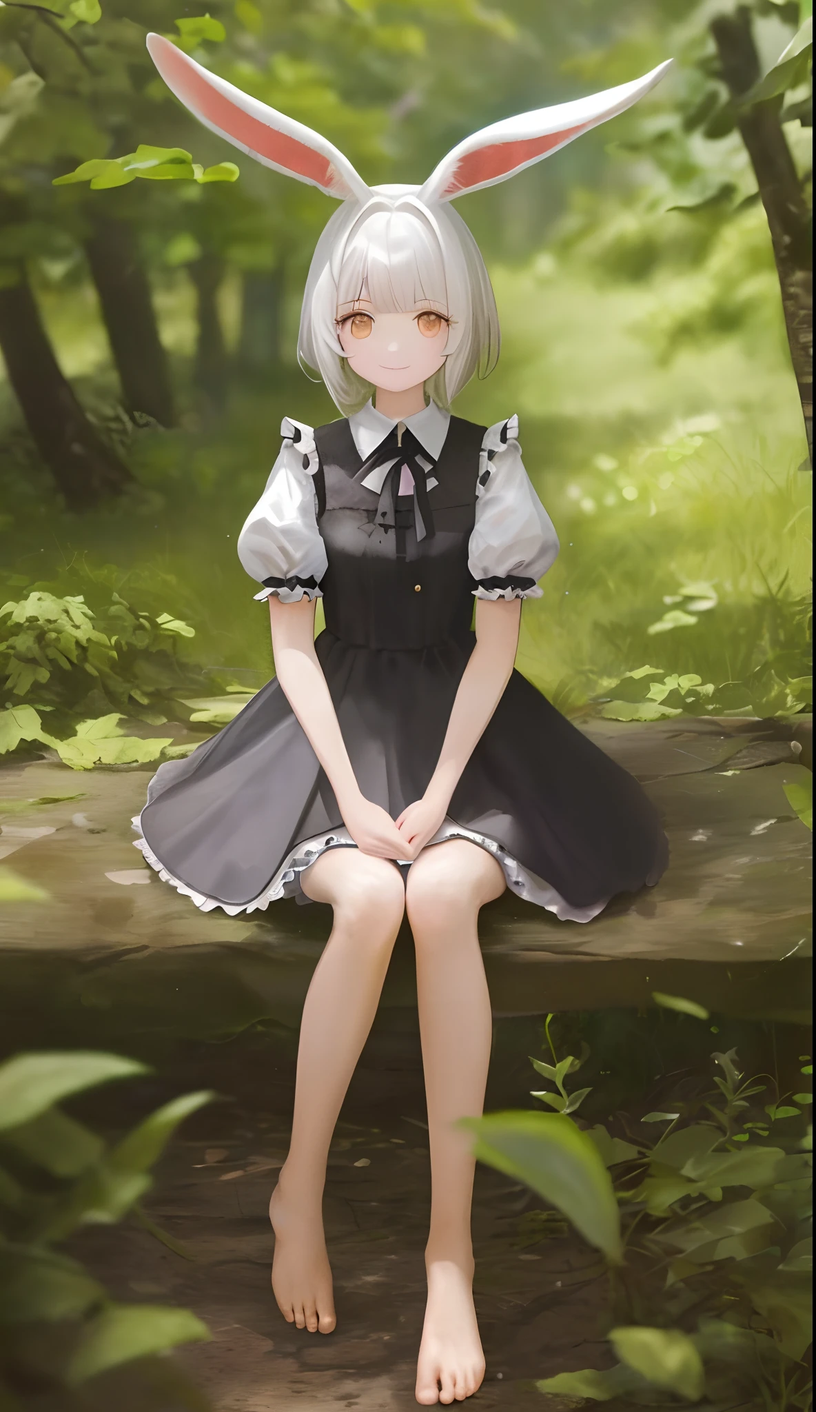 ((Masterpiece,Best quality)),1girll, Solo, Animal ears, Rabbit, Barefoot, Knees up, dress, Sitting, Rabbit ears, Short sleeves, view the viewer, Grass, Short hair, Smile, White hair, Puffy sleeves, Outdoors, puffy short sleeves, bangs, on ground, full bodyesbian, Animal, White dress, Sunlight, Brown eyes, Dappled sunlight, day, Depth of field ,Wet gorund,