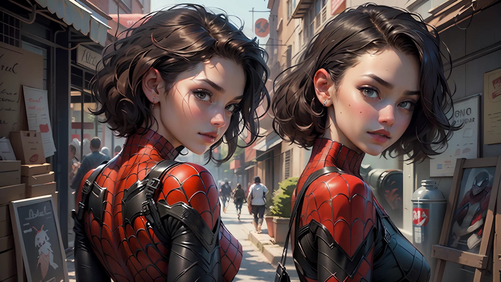 Masterpiece, HD, ultra detailed, beautiful woman detailed defined body using Spider-Man roleplay, short hair, delicate facial features, perfect face, back to the viewer, looking back