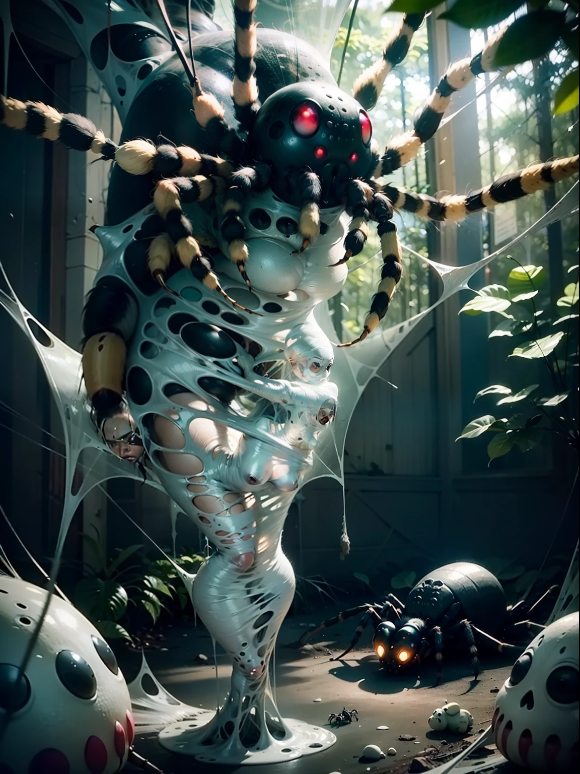 A scene depicting a mesmerizing masterpiece featuring the best quality and intricate details: a lone girl caught in a slimy silk cocoon, suspended in mid-air by intricate spider webs, within a spider web-covered environment. The surroundings are filled with creepy spiders.