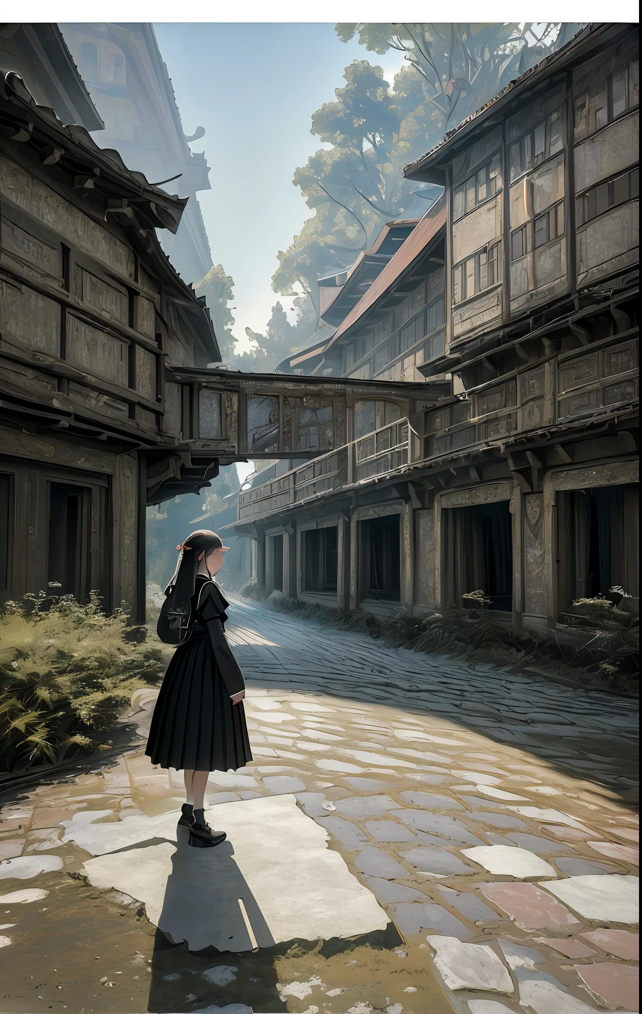 (((8K, RAW photo, Best quality, Masterpiece:1.4))), 超高分辨率, Ultra-detailed, illustration, 废墟,European-style architecture,teens girl,large scene,richcolors,Epic,Complex light and shadow