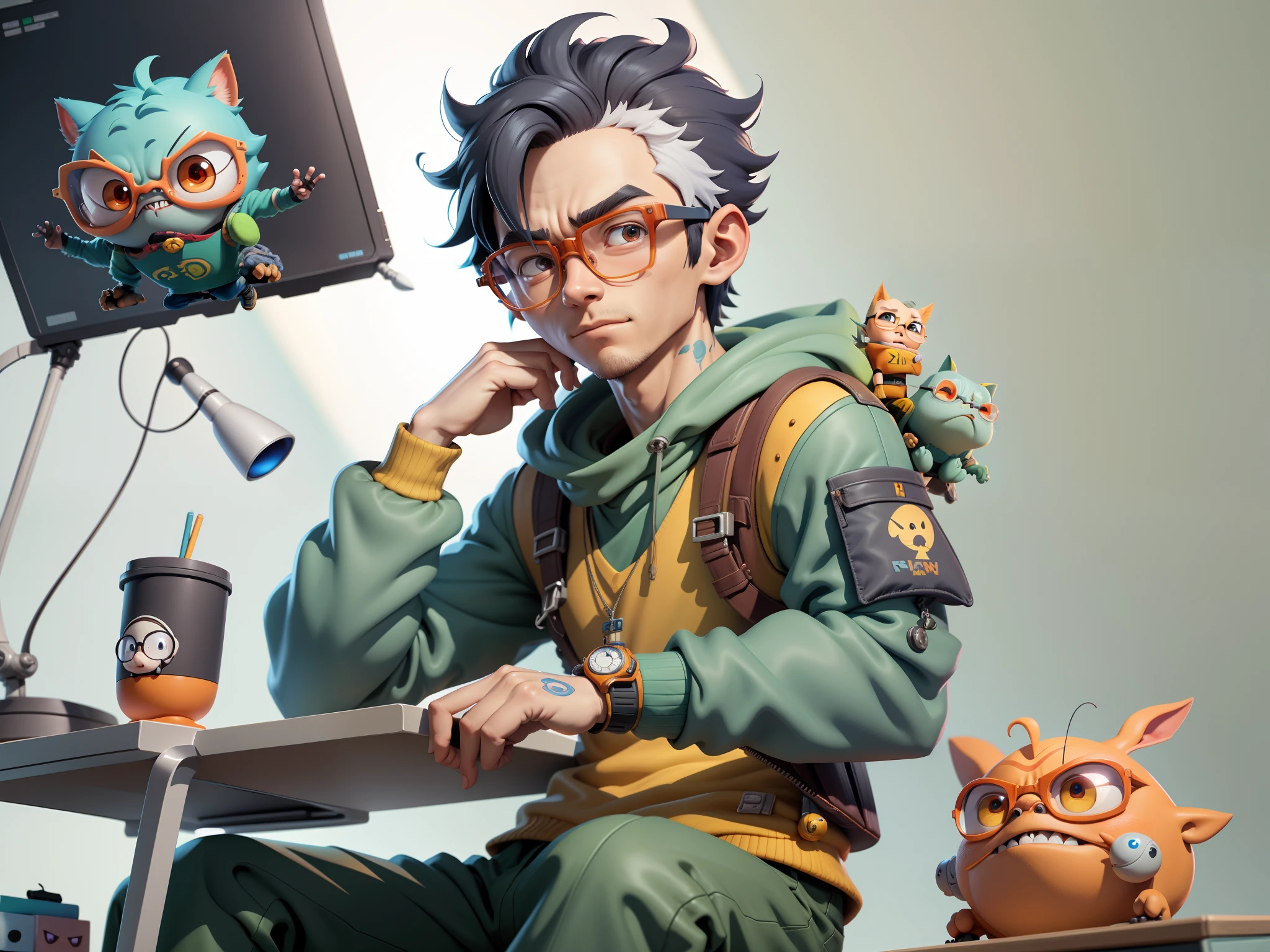 A young man with glasses sits at his desk,holding laptop,digitial painting,3D character design by Mark Clairen and Pixar and Hayao Miyazaki and Akira Toriyama,4K HD illustration,Very detailed facial features and cartoon-style visuals。