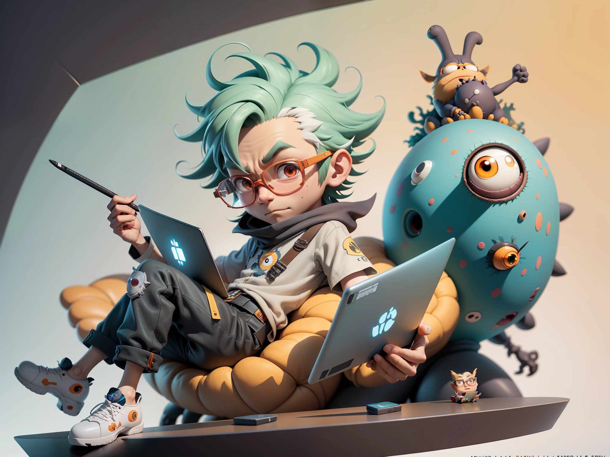 A young man with glasses sits at his desk,holding laptop,digitial painting,3D character design by Mark Clairen and Pixar and Hayao Miyazaki and Akira Toriyama,4K HD illustration,Very detailed facial features and cartoon-style visuals。