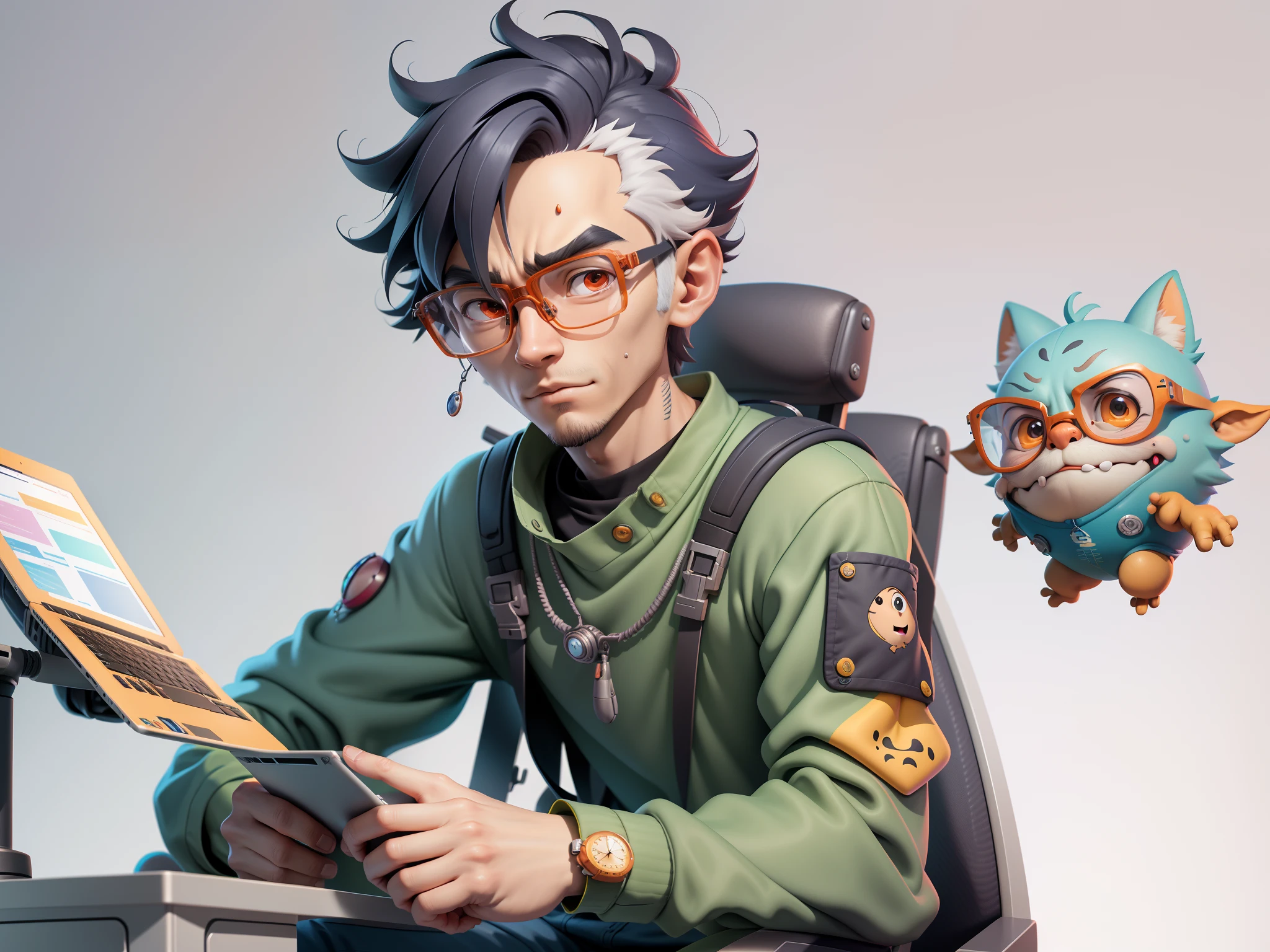 A young man with glasses sits at his desk,holding laptop,digitial painting,3D character design by Mark Clairen and Pixar and Hayao Miyazaki and Akira Toriyama,4K HD illustration,Very detailed facial features and cartoon-style visuals。