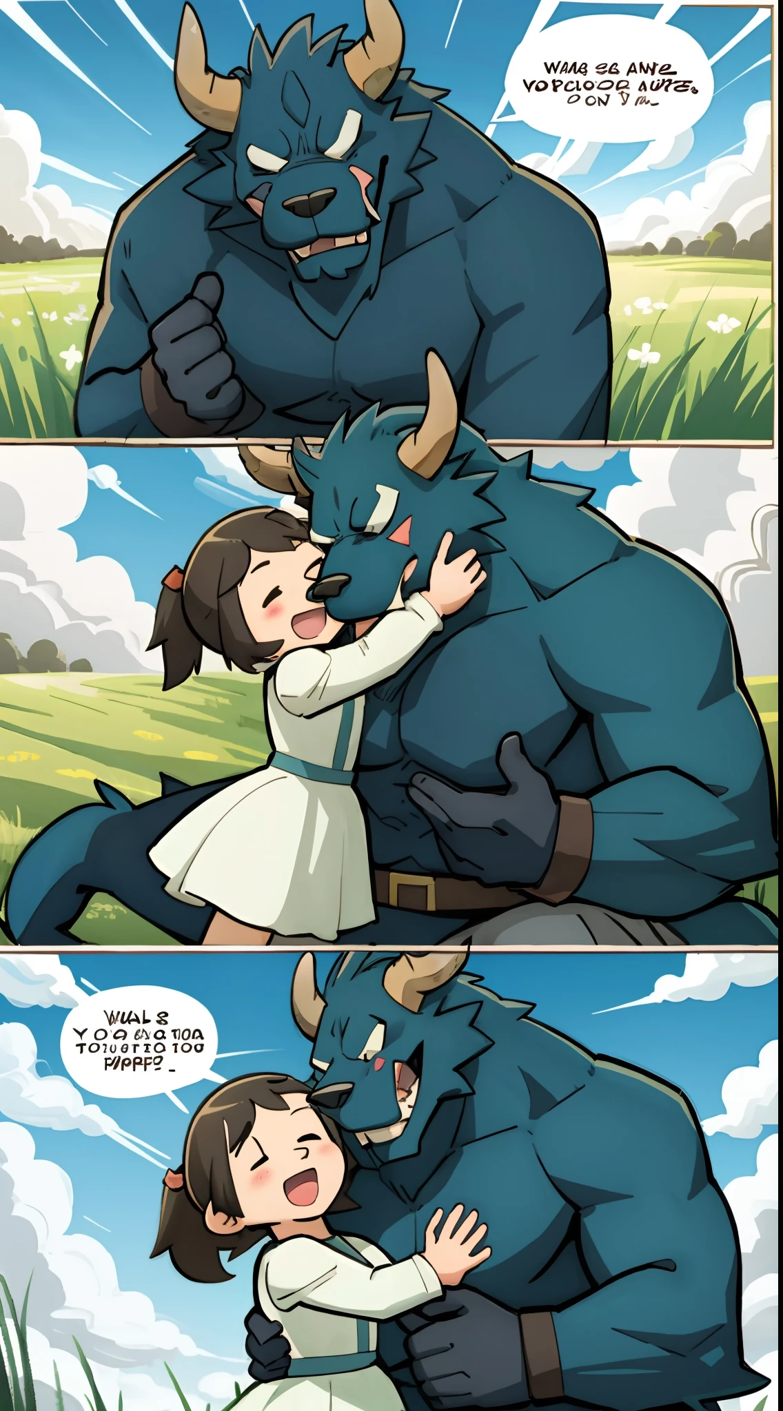 top quality, best quality, highres, masterpiece, super high resolution, detailed background, grass field, under refreshing blue sky, height difference, large beast, smile, hugs girl((movie of a beast and human child girl))girl hugs beast, dress skirt, smile, open mouth, happy, joyful absurdres(highly detailed beautiful face and eyes)perfect anatomy, good lighting, cinematic shadow, assorted expressions, assorted poses, assorted angles, full body, upper shot, dynamic angle(girls comic-like panel layouts, speech balloon, English text, Hand-drawn sound effects stickers used in girls comic),