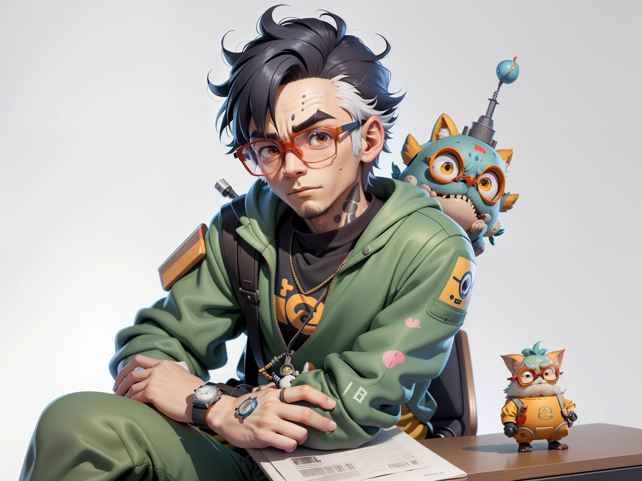 A young man with glasses sits at his desk,holding laptop,digitial painting,3D character design by Mark Clairen and Pixar and Hayao Miyazaki and Akira Toriyama,4K HD illustration,Very detailed facial features and cartoon-style visuals。