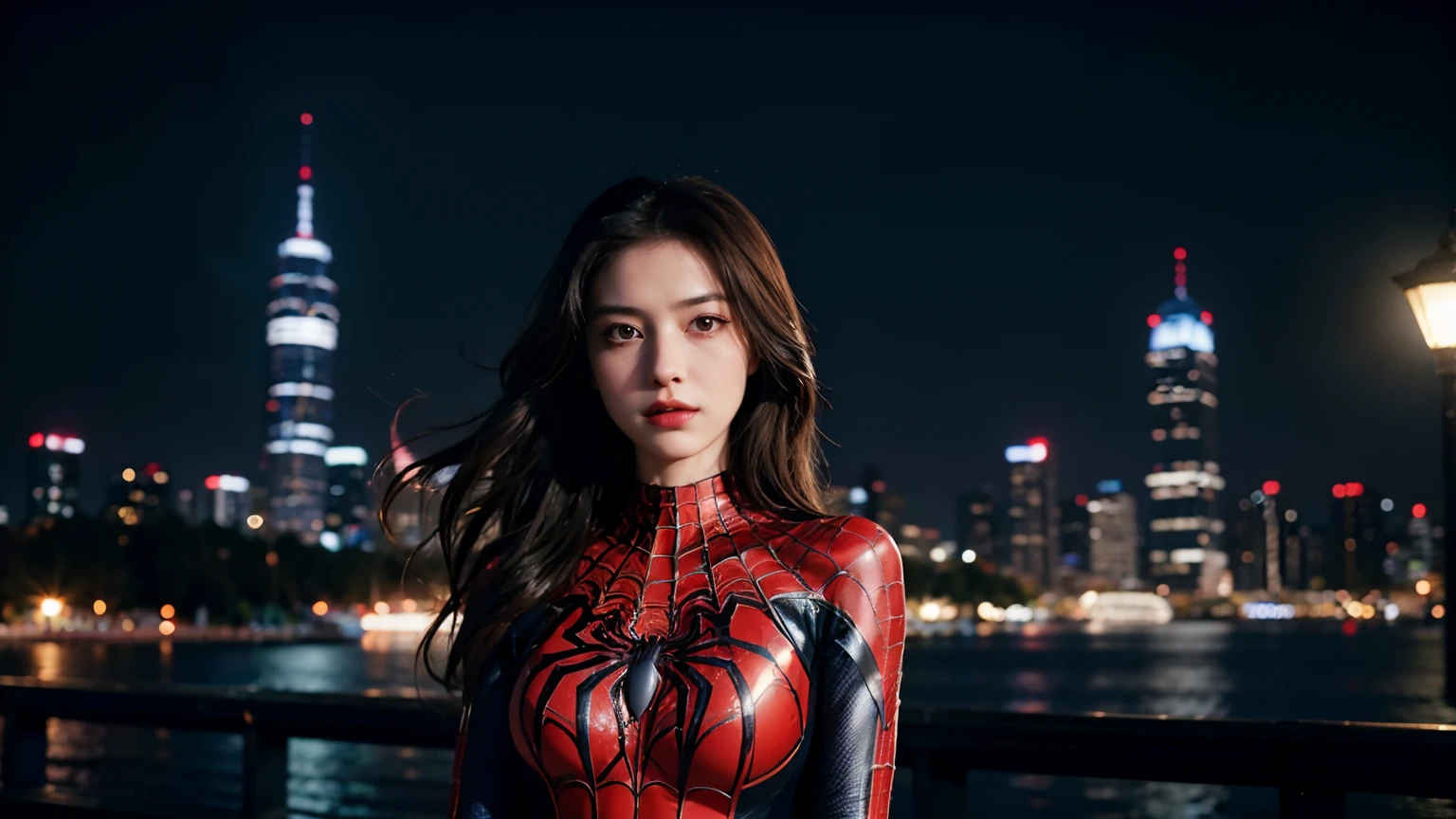 (wearing spiderwoman_cosplay_outfit:1.1), in front of a sky, 
good hand,4k, high-res, masterpiece, best quality, head:1.3,((Hasselblad photography)), finely detailed skin, sharp focus, (cinematic lighting), night, soft lighting, dynamic angle, [:(detailed face:1.2):0.2], medium breasts, outside,