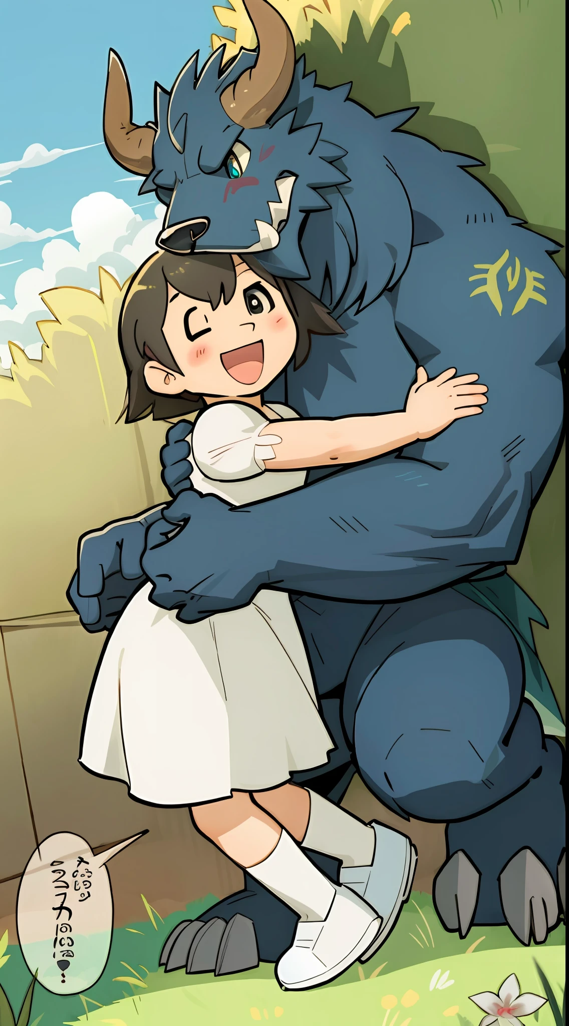 top quality, best quality, highres, masterpiece, super high resolution, detailed background, grass field, under refreshing blue sky, height difference, large beast, smile, hugs girl((movie of a beast and human child girl))girl hugs beast, dress skirt, smile, open mouth, happy, joyful absurdres(highly detailed beautiful face and eyes)perfect anatomy, good lighting, cinematic shadow, assorted expressions, assorted poses, assorted angles, full body, upper shot, dynamic angle(girls comic-like panel layouts, speech balloon, English text, Hand-drawn sound effects stickers used in girls comic),