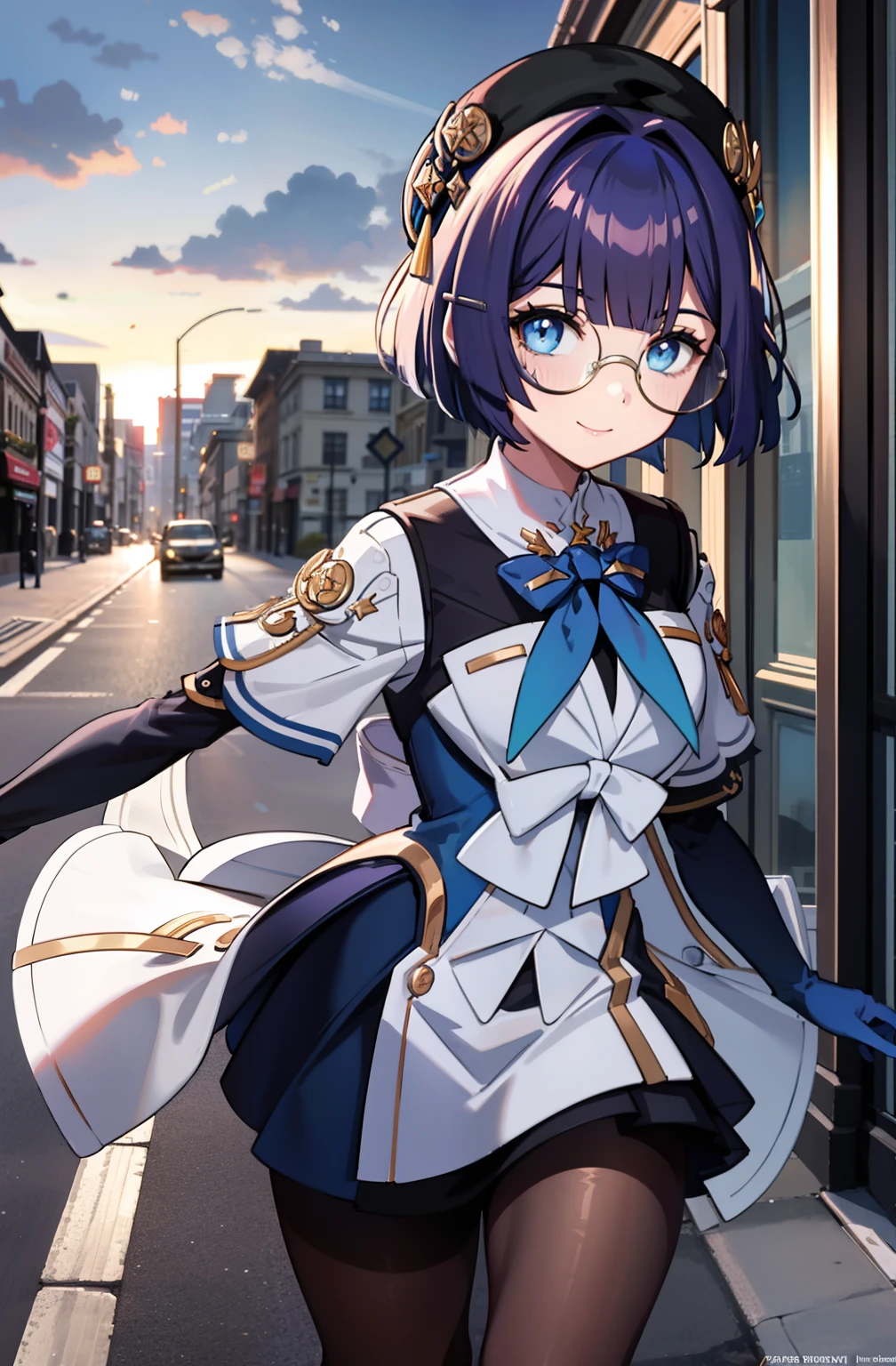 [pelaV4], ((masterpiece)), ((beautiful 2D art)), ((solo portrait)), ((Cute)), ((front view)), ((High quality)), ((HD)), ((anime)), ((detailed shading)), {woman; (cute blue eyes, short eyelashes, short blue hair, (happy smile)}, {(knight uniform), (short white dress), (pantyhose), (round glasses on face)}, {(running), (looking at viewer)}, [Background; city, sidewalk, (sunset)]