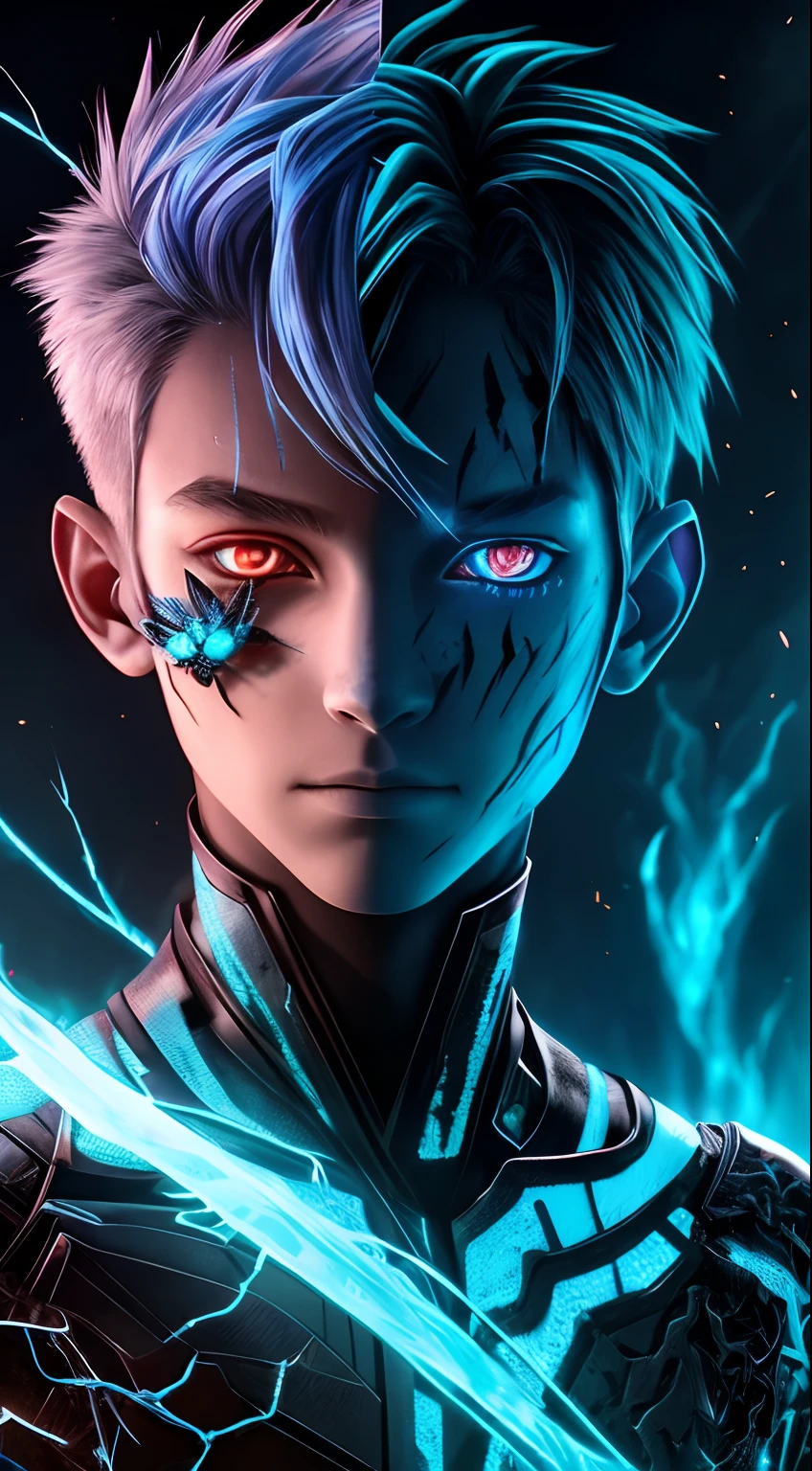 A humanoid boy with a cracked cyan face and red eyes, in the style of twisted branches, vray tracing, made of insects, burning/ charred, technological design, supernatural creatures, realistic human figures, subsurface fireflies, burning blue cotton hair,Handsome teenager,