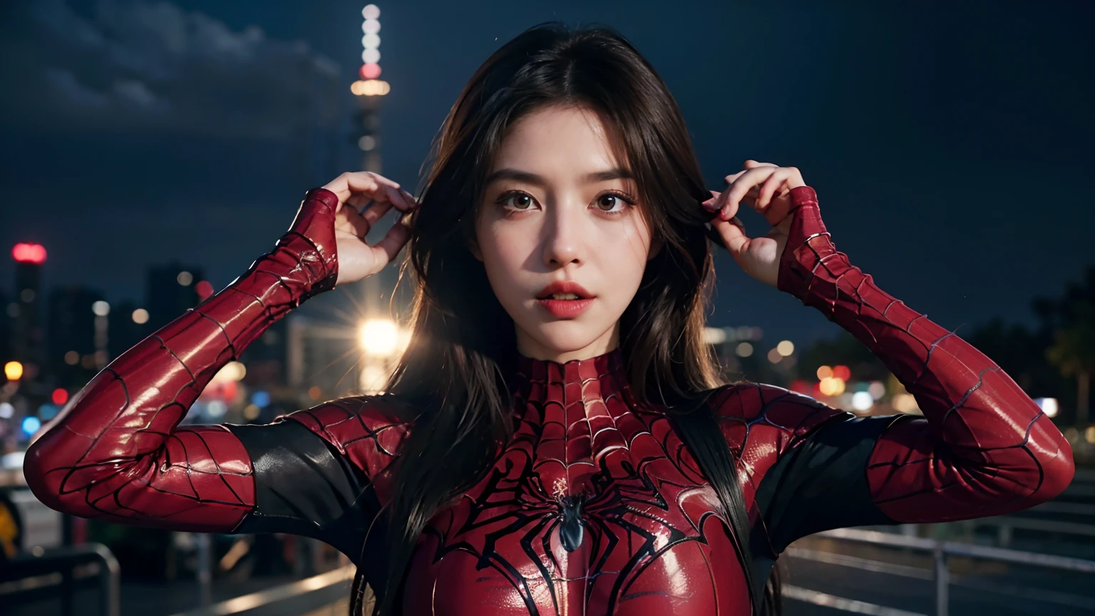 (wearing spiderwoman_cosplay_outfit:1.1), in front of a sky, 
good hand,4k, high-res, masterpiece, best quality, head:1.3,((Hasselblad photography)), finely detailed skin, sharp focus, (cinematic lighting), night, soft lighting, dynamic angle, [:(detailed face:1.2):0.2], medium breasts, outside,