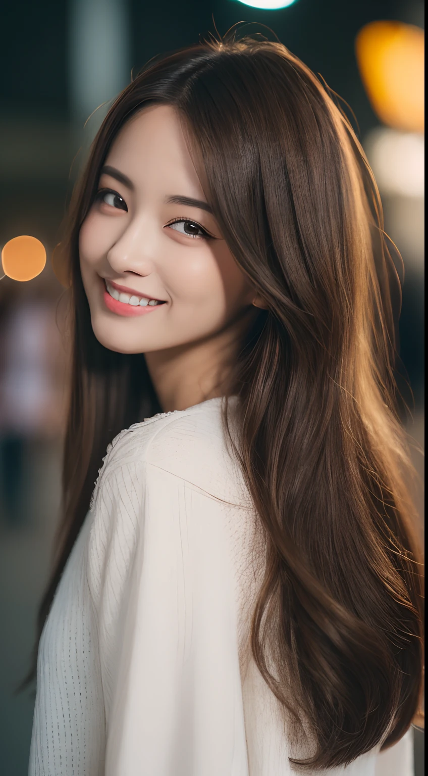 ((top-quality、8K、​masterpiece、:1.3))、1girl in、A smile、full body Esbian、Slim Faces、Pretty women、(dark brown hair)、bontage:1.1、Super Detailed Face、detailedeyes、二重まぶた、blurry backround、Slim Faces、nighttime scene、appearance、Street、raw,Back，Walking，raw,Back