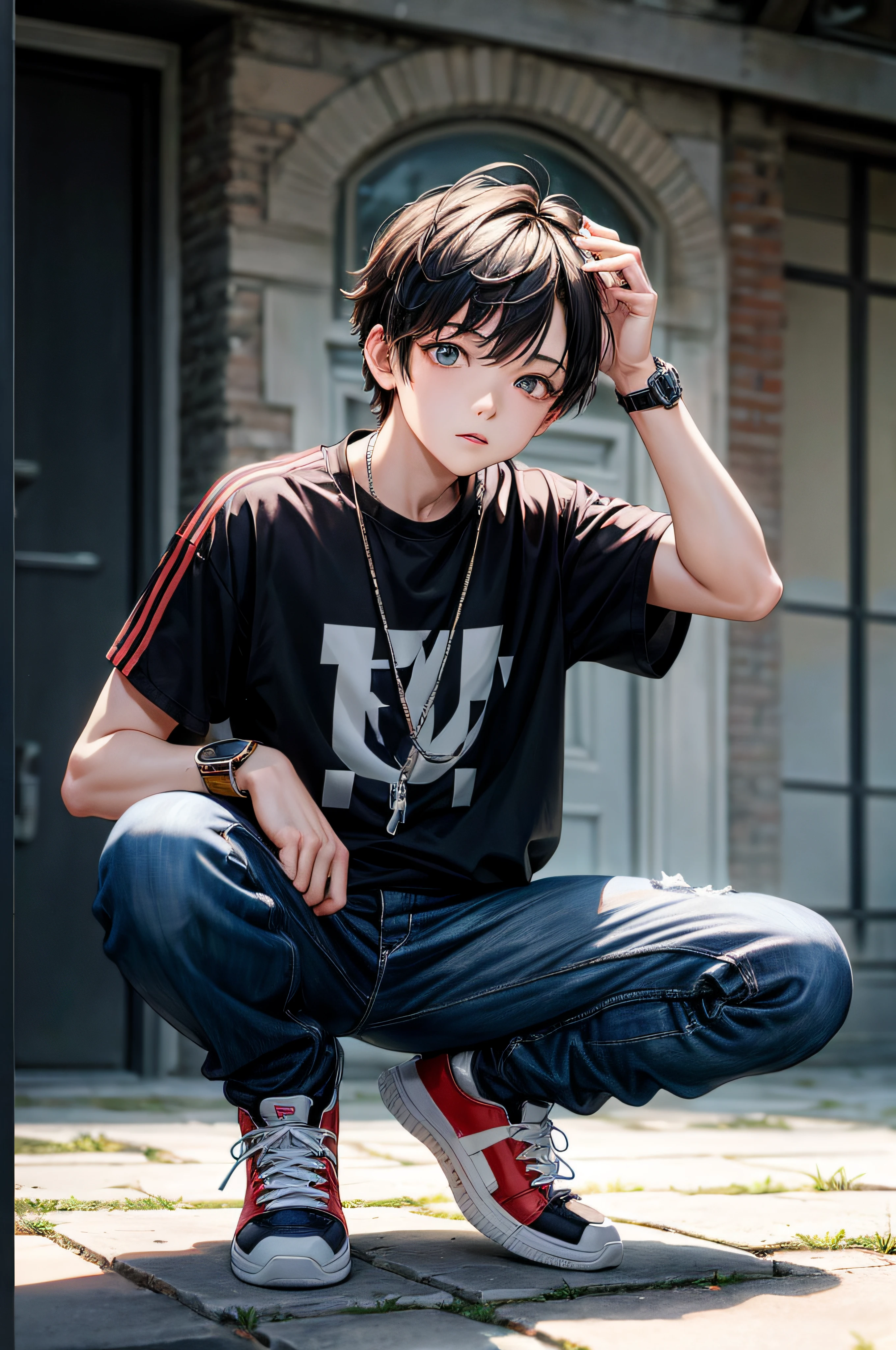 A masterpiece, best quality, official art, very detailed, image, 1 boy, trendy clothes, watch, sneakers, squat down, hands hanging naturally, colored hair