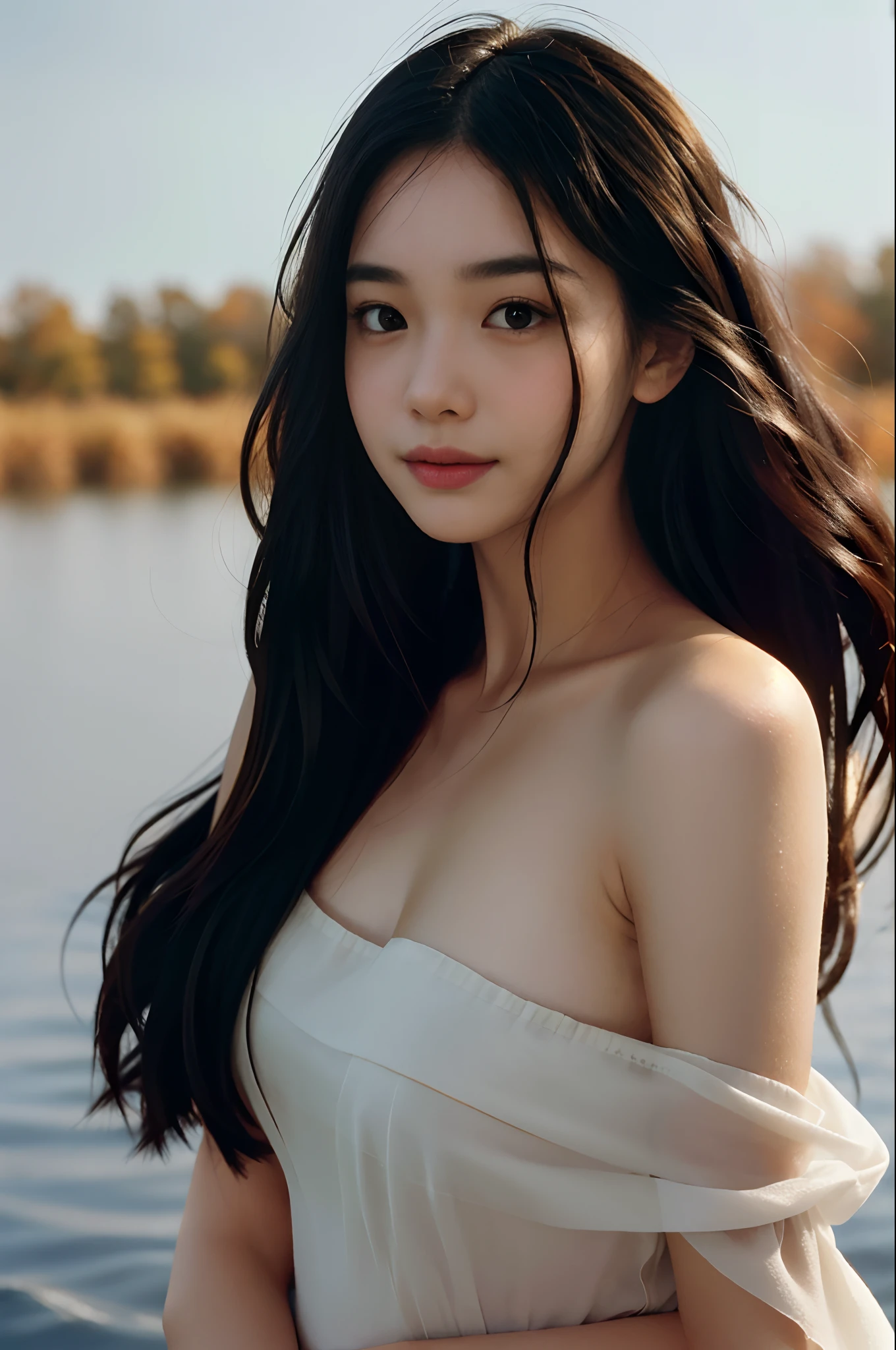 film portrait photography, 1girl, bare shoulders, wavy shoulder-length hair, serene, calm, (realistic detailed eyes, natural skin texture, realistic face details), soft dramatic lighting, depth of field, bokeh, vibrant details, finely detailed, hyperrealistic, 35mm film, hazy blur, filmg,shy smile, river reeds, autumn, windy, moody