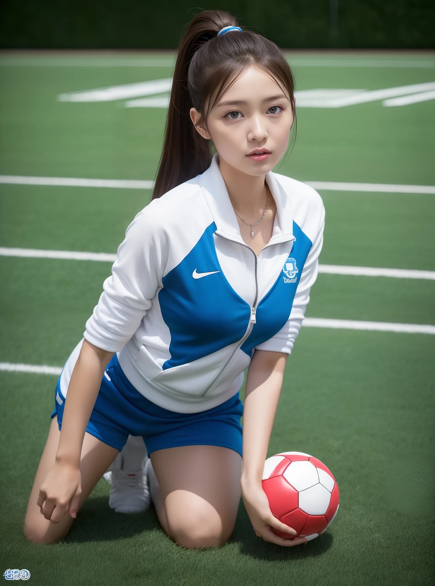 1 very beautiful female high school student,Wear blue and white tracksuits,Kneel on the grass of a football field and play with the ball,(Kneel on the grass,The posture is diverse:1.0),Super high value,perfect body figure,Beautiful short ponytail,Delicate hair,Fair face and skin,Beads of sweat,Have fun on the playground,The breasts are full and huge,The chest is huge,The tracksuit on the chest is high and bulging, Tightness and bulging,Delicate fair and soft toes,White and delicate fingers,(Delicate sneakers:1.5),focus on chest,fully body photo