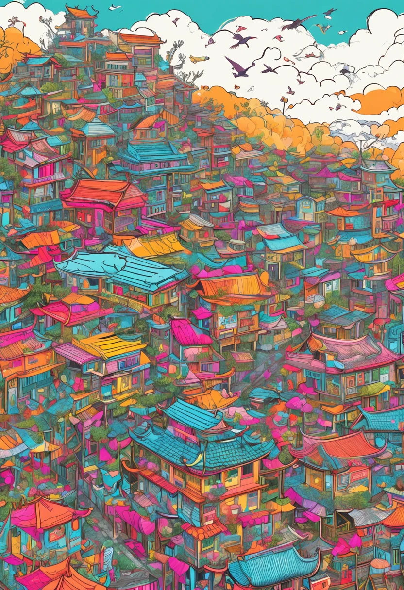 Illustration of colorful cyberpunk flower city of Tam Dao in Viet Nam,Nostalgic and avant-garde、 Sakura blizzard、lots of flower、Vivid rainbow, A small dove and a small seagull are flying, colorful city, Brightly colored buildings,Shimmering gold and silver roof,Cottage Town, A dazzling magical village of sparkling gold and silver, Colorful scene, colorful architectural drawing, Illustrative!!, Coloring in lots of colors,