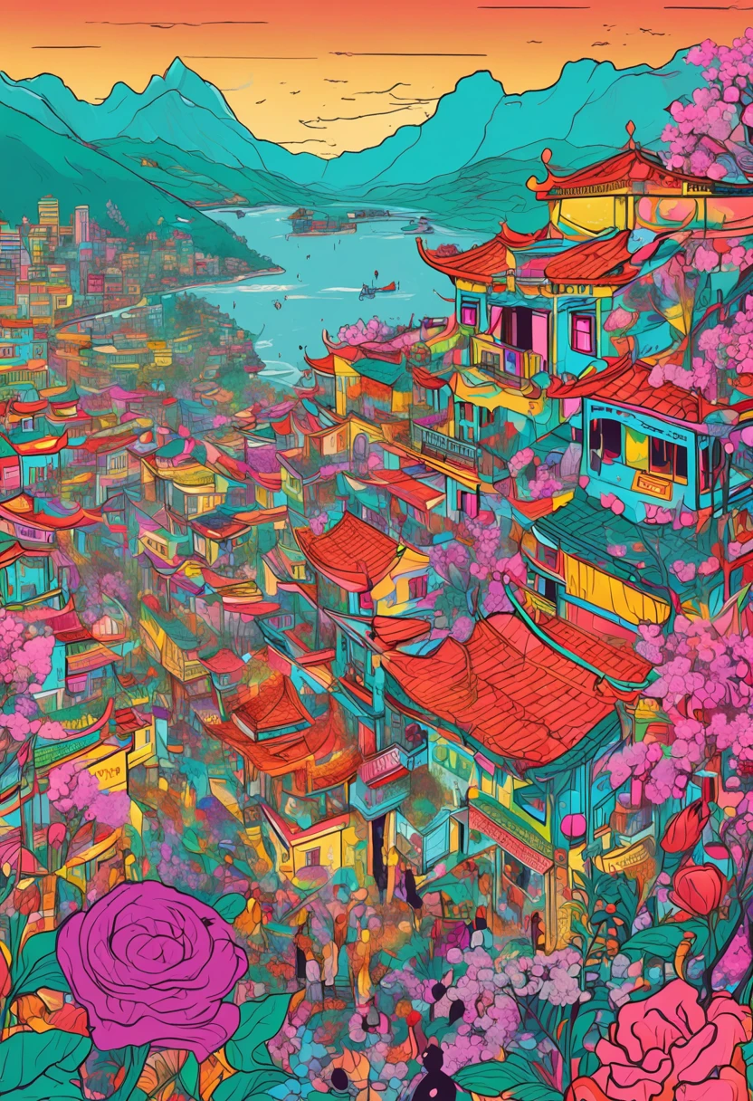 Illustration of colorful cyberpunk flower city of Tam Dao in Viet Nam,Nostalgic and avant-garde、 Sakura blizzard、lots of flower、Vivid rainbow, A small dove and a small seagull are flying, colorful city, Brightly colored buildings,Shimmering gold and silver roof,Cottage Town, A dazzling magical village of sparkling gold and silver, Colorful scene, colorful architectural drawing, Illustrative!!, Coloring in lots of colors,