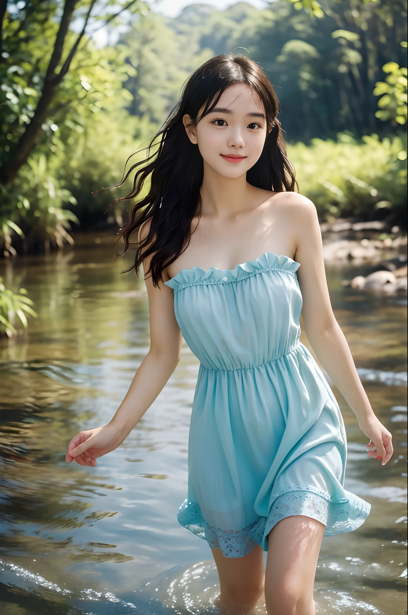 Photo-realistic quality、A Japanese woman standing on the beach wearing a pale gray-blue sheer dress, 、The skirt is transparent due to the backlight、realistic Young Gravure Idol, Young and cute gravure idol, Young Sensual Gravure Idol, Young and skinny gravure idol, Japanese Model, Young Gravure Idol, Girl cute beautiful face, Cute seductive smile, A sophisticated gravure idol, Beautiful Japanese girl face、looking at the camera、Detailed and beautiful eyes、A soft and gentle look