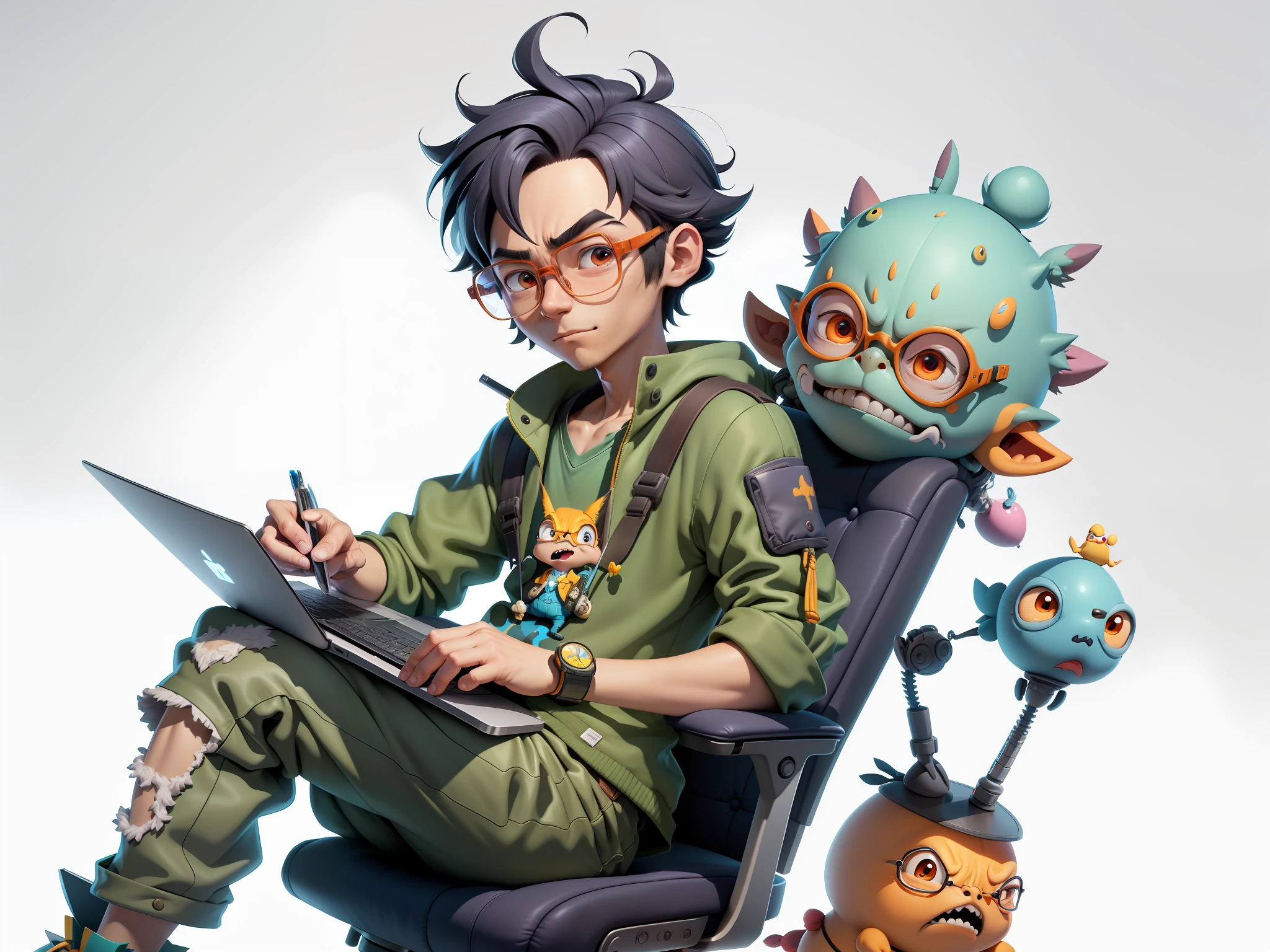 A young man with glasses sits at his desk,holding laptop,digitial painting,3D character design by Mark Clairen and Pixar and Hayao Miyazaki and Akira Toriyama,4K HD illustration,Very detailed facial features and cartoon-style visuals。