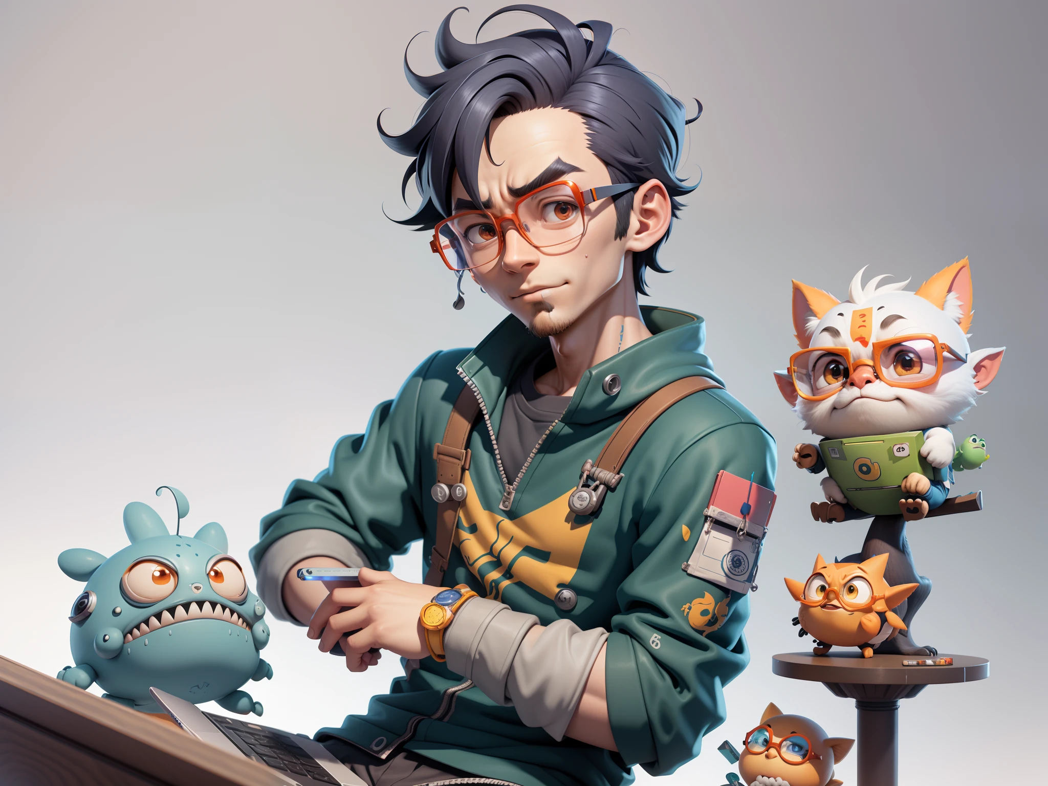 A young man with glasses sits at his desk，holding laptop，digitial painting，3D character design by Mark Clairen and Pixar and Hayao Miyazaki and Akira Toriyama，4K HD illustration，Very detailed facial features and cartoon-style visuals。