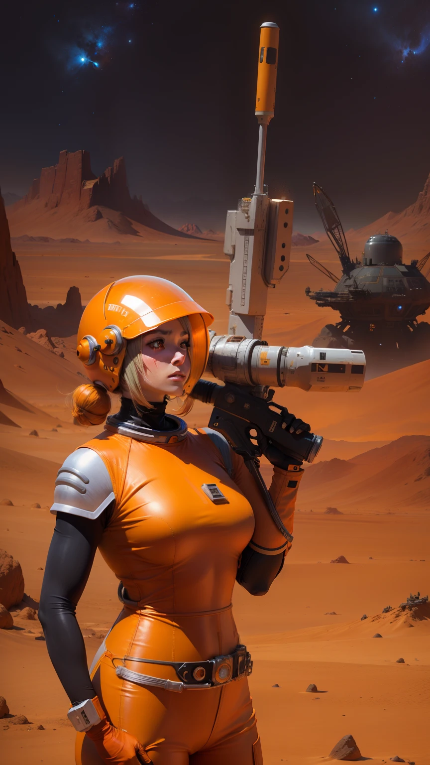 space girl in orange space suit, reloading after killing a space dragon, on a near lifeless alien desert planet.