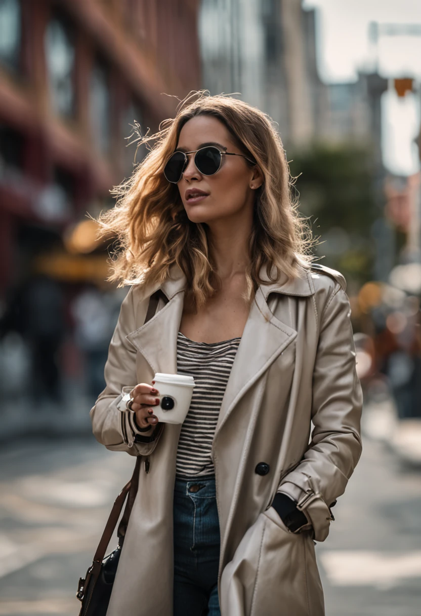 mulher em busca de oportunidade、wearing black sunglasses、 cabelos ao vento, imagens com preset coffe uma jaqueta preta