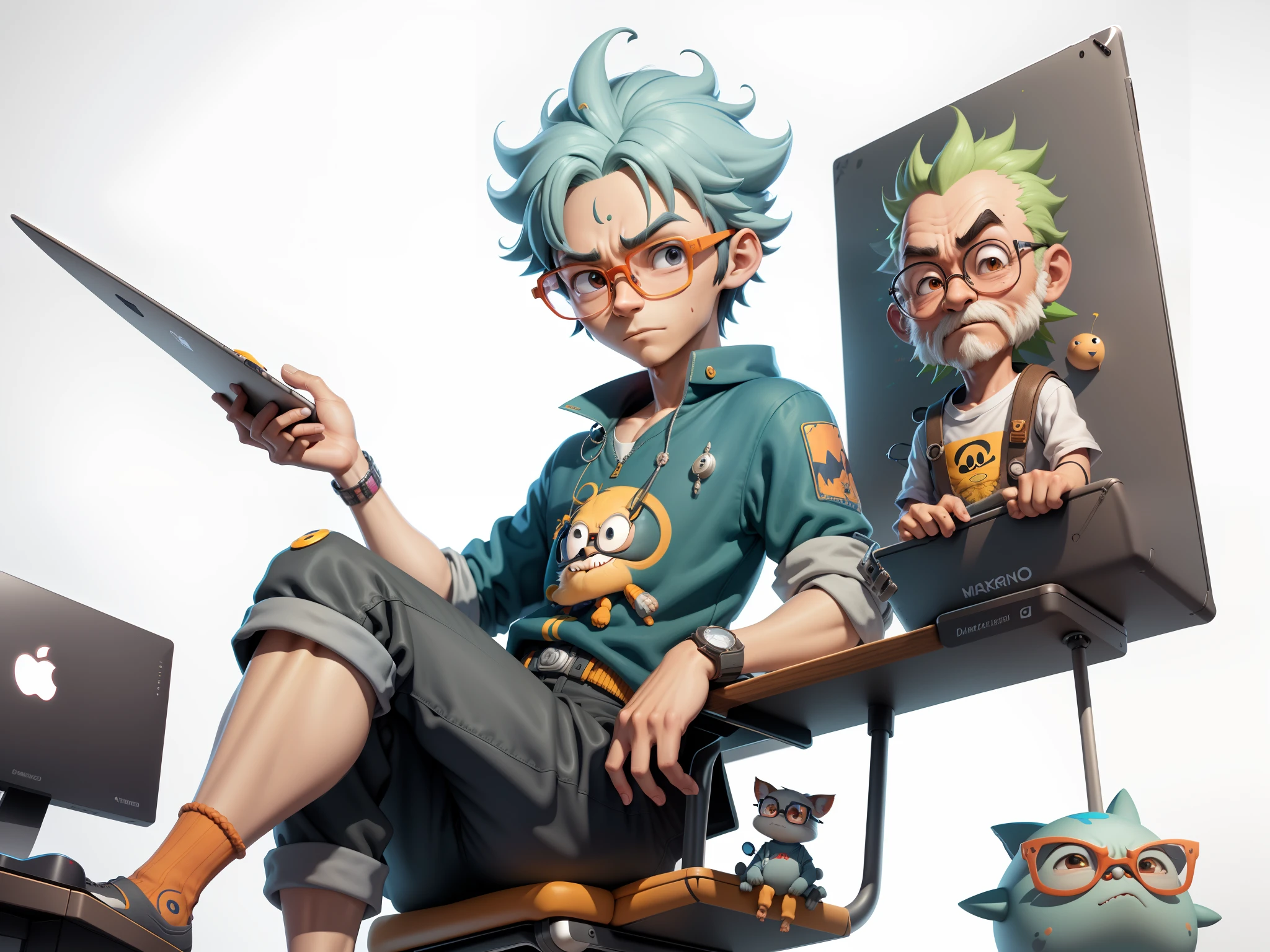 A young man with glasses sits at his desk，holding laptop，digitial painting，3D character design by Mark Clairen and Pixar and Hayao Miyazaki and Akira Toriyama，4K HD illustration，Very detailed facial features and cartoon-style visuals。