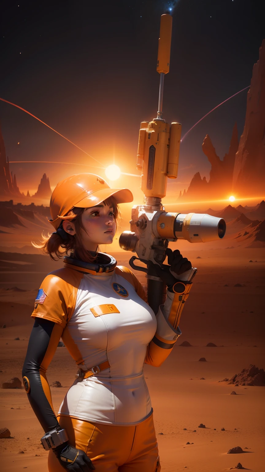 space girl in orange space suit, reloading after killing a space dragon, on a near lifeless alien desert planet.