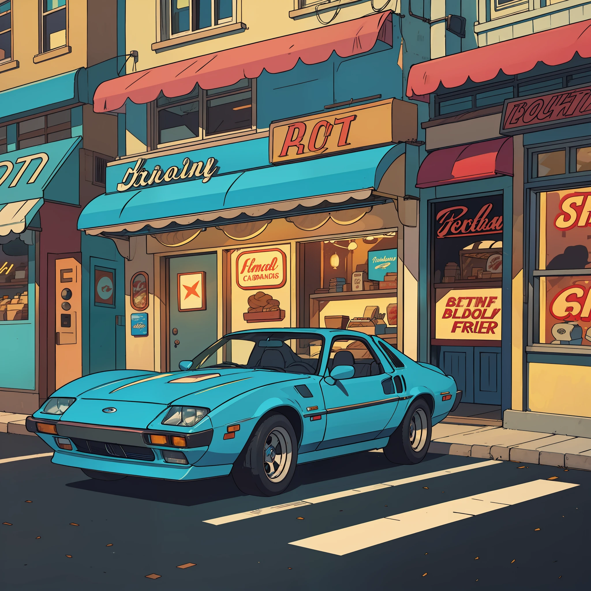 classic car of the 80s, such as Pontiac Fiero or Ford Thunderbird, ultra-detailed, best quality, side view, colorful, in busy street of vintage shops and vintage restaurants in the background, perfect illumination and shadow.