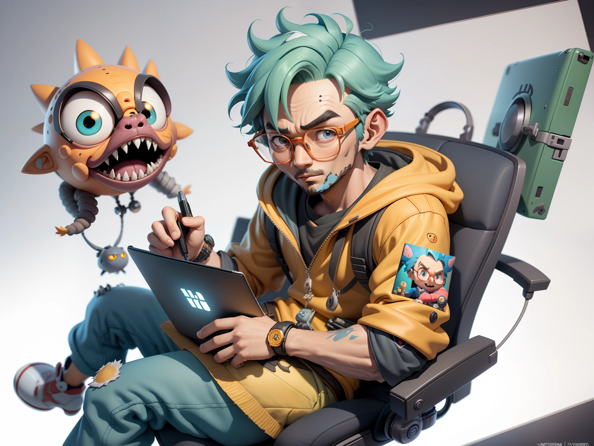 A young man with glasses sits at his desk,holding laptop,digitial painting,3D character design by Mark Clairen and Pixar and Hayao Miyazaki and Akira Toriyama,4K HD illustration,Very detailed facial features and cartoon-style visuals。