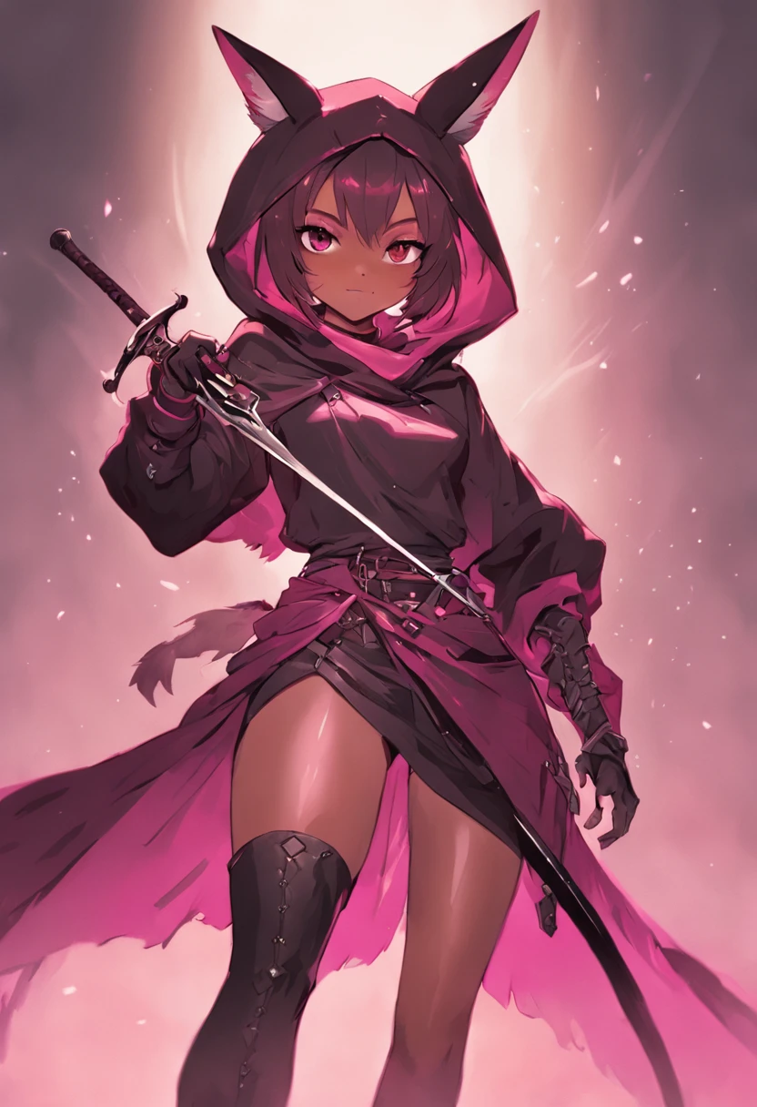 Brown-skinned girl. Her figure, Busty, Curvy, The right direction, Bunny ears, Cat tail, Magenta hair color, Deep magenta eyes, Brown skin, Sword in hand, A large ragged cloth like a cloak was wrapped around the waist, chest plate, long gloves, Black long-sleeved shirt under armor, chest plate, Hoodie, Properly drawn sword, Magic Sword, A cloth is wrapped around the waist, Properly drawn sword in hand, Cat ears, Cat tail digital painting, Digital illustration, Extreme detail, Digital art, Knight armor, Loose puff pants, Metal shoes, fully armoured. A cloth is wrapped around the waist. Hands holding a sword.