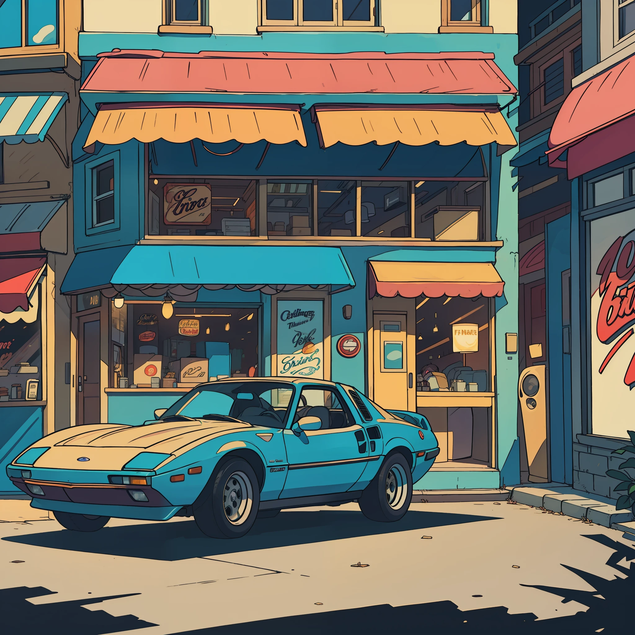 classic car of the 80s, such as Pontiac Fiero or Ford Thunderbird, ultra-detailed, best quality, side view, colorful, in busy street of vintage shops and vintage restaurants in the background, perfect illumination and shadow.