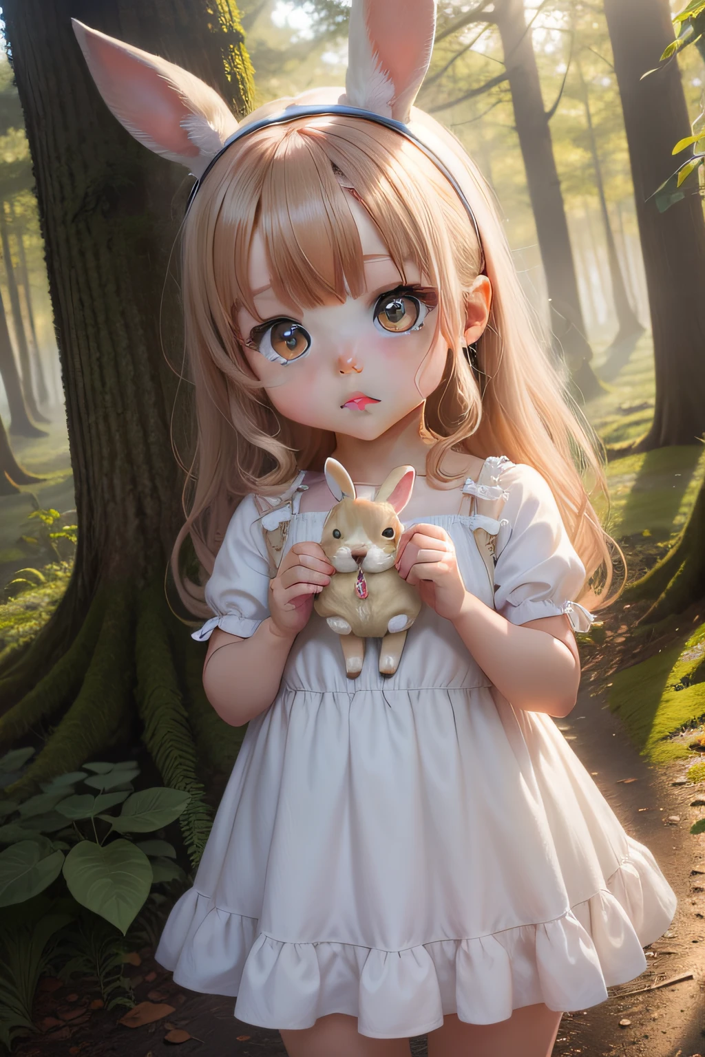 The human、Cute Baby Chibi Anime,Cute dress、Morning light、in woods、big eye,rabbit stuffed