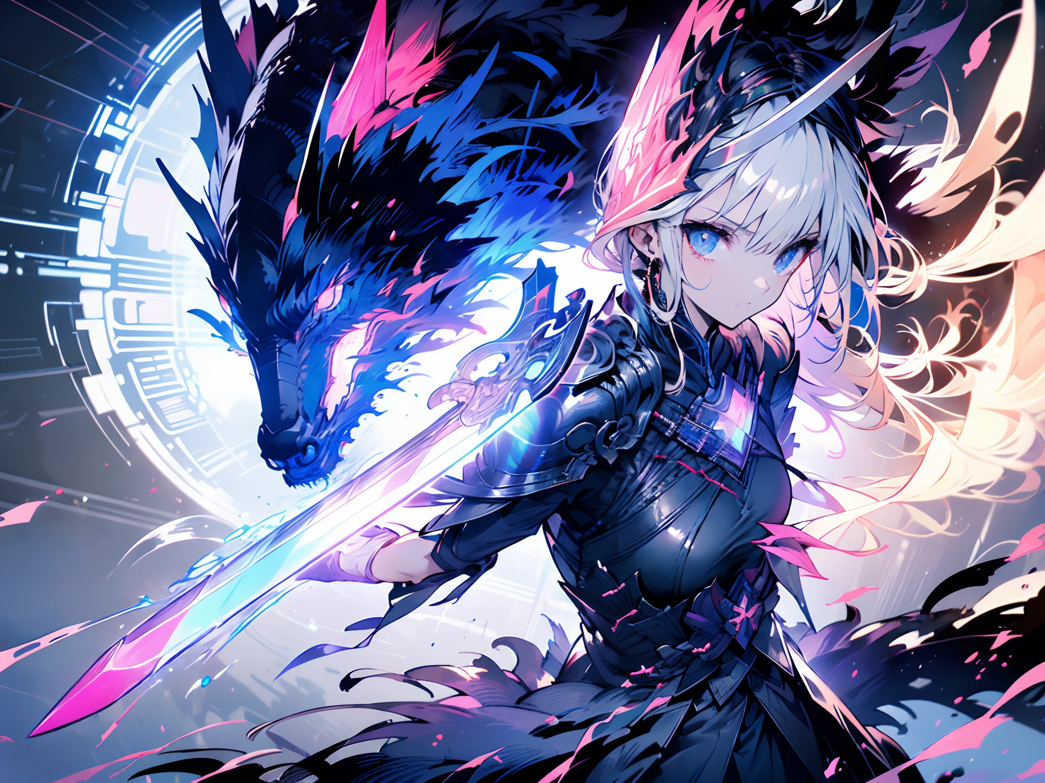 profile background, anime girl, serious face, fringe, short white hair, eyes purple, student clothing, high-res portrait, detailed eyes and face, character, fantasy, with a blue dragon behind, advanced urban, looking from behind at viewer, 4K, high resolution