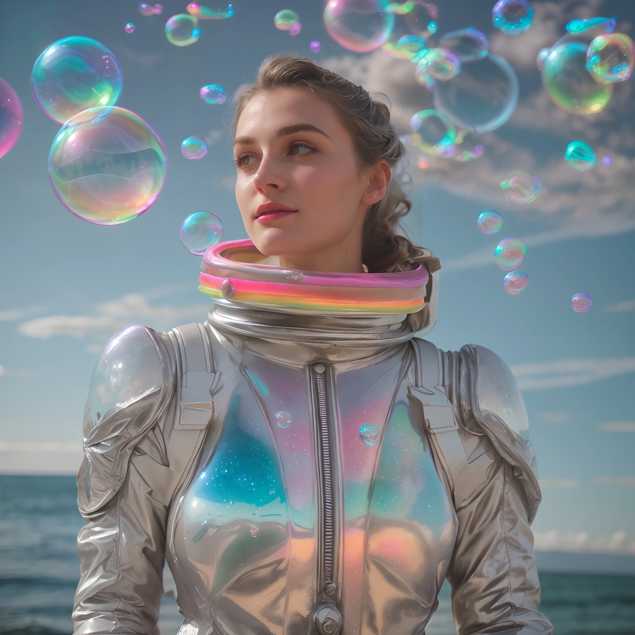 hd masterpiece, one standing woman, detailed face, mid shot, silver astronaut suit, ((colorful sky)) and (((neon soap bubbles))), sea background