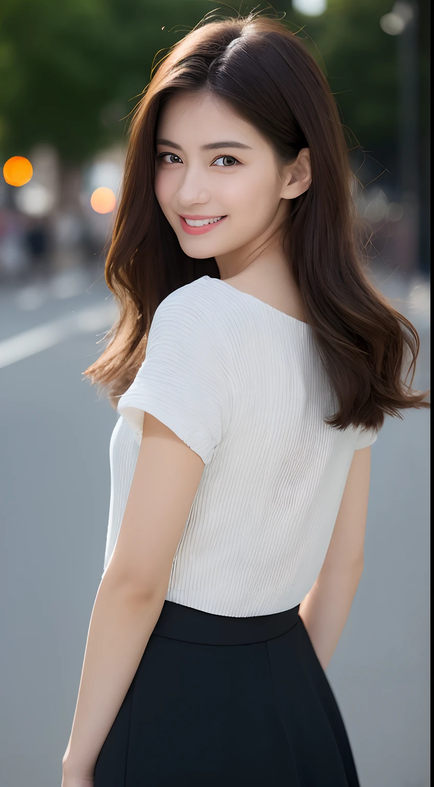 ((top-quality、8K、masterpiece、:1.3))、1girl in、A smile、full body Esbian、Slim Faces、Pretty women、(dark brown hair)、bontage:1.1、Super Detailed Face、detailedeyes、二重まぶた、blurry backround、Slim Faces、nighttime scene、appearance、Street、raw,Back,Walking,raw,Back