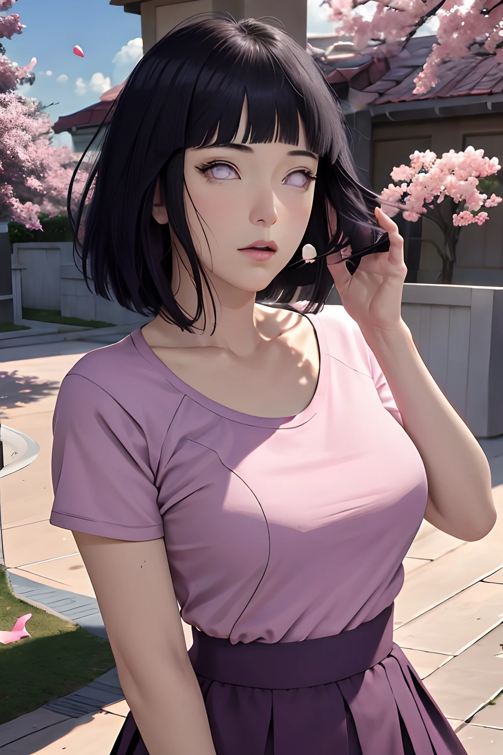 masterpiece, absurdres, hinata\(boruto\), 1girl, solo,mature female, tight tshirt, high waist short skirt, looking at viewer, (falling petals), perfect composition, detailed lips, big breast, beautiful face, body propotion, blush, (pink lips), long hair, purple eyes, soft gaze, super realistic, detailed, photoshoot, realistic face and body,
