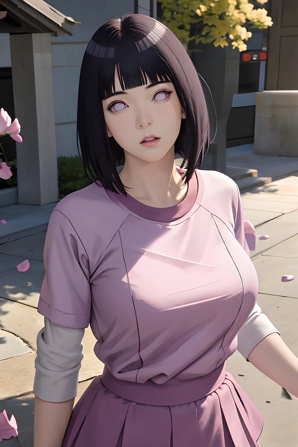 masterpiece, absurdres, hinata\(boruto\), 1girl, solo,mature female, tight tshirt, high waist short skirt, looking at viewer, (falling petals), perfect composition, detailed lips, big breast, beautiful face, body propotion, blush, (pink lips), long hair,  purple eyes,  soft gaze,  super realistic, detailed, photoshoot, realistic face and body,