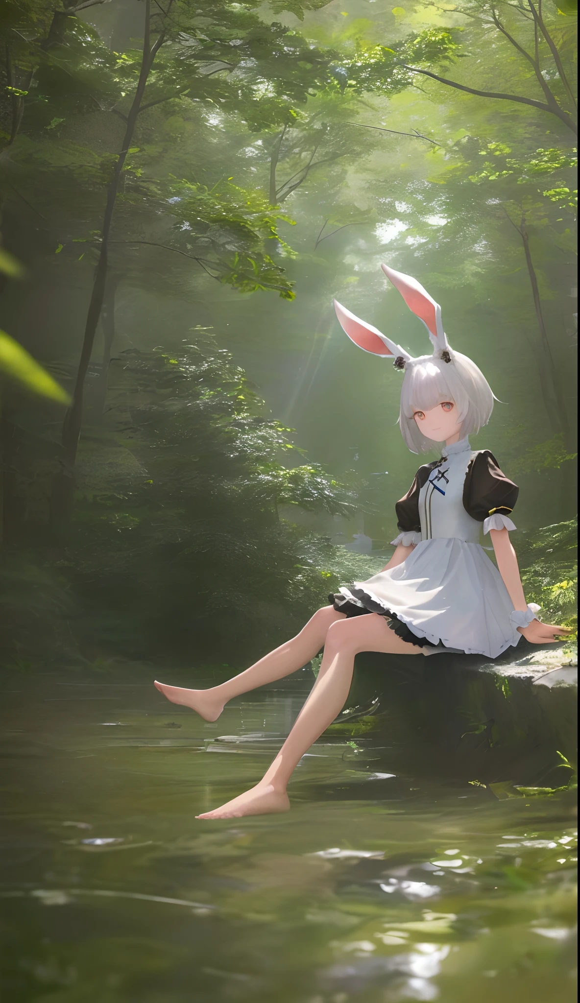 ((Masterpiece,Best quality)),1girll, Solo, Animal ears, Rabbit, Barefoot, Knees up, dress, Sitting, Rabbit ears, Short sleeves, view the viewer, Grass, Short hair, Smile, White hair, Puffy sleeves, Outdoors, puffy short sleeves, bangs, on ground, full bodyesbian, Animal, White dress, Sunlight, Brown eyes, Dappled sunlight, day, Depth of field ,Wet gorund,