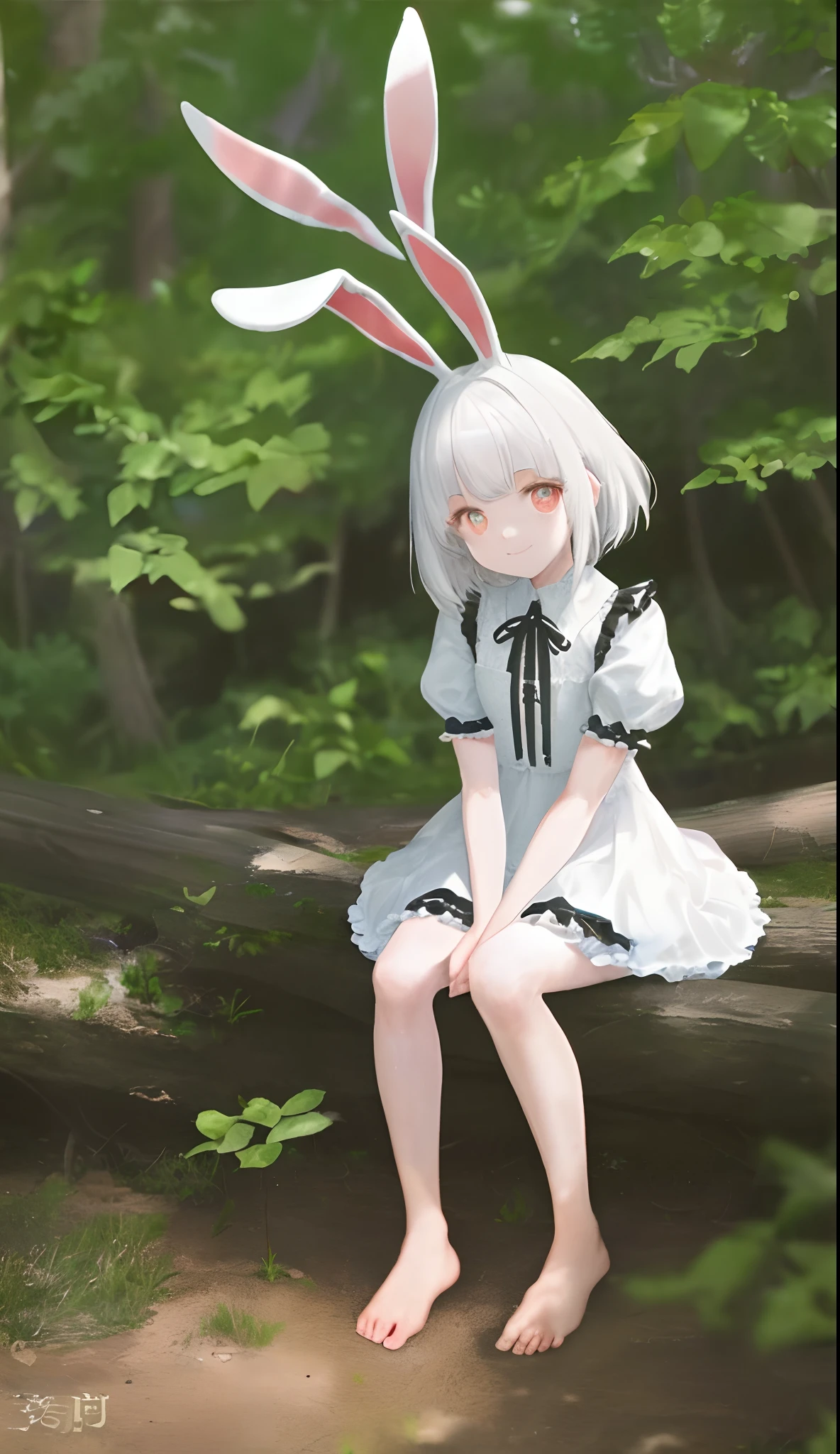 ((Masterpiece,Best quality)),1girll, Solo, Animal ears, Rabbit, Barefoot, Knees up, dress, Sitting, Rabbit ears, Short sleeves, view the viewer, Grass, Short hair, Smile, White hair, Puffy sleeves, Outdoors, puffy short sleeves, bangs, on ground, full bodyesbian, Animal, White dress, Sunlight, Brown eyes, Dappled sunlight, day, Depth of field ,Wet gorund,