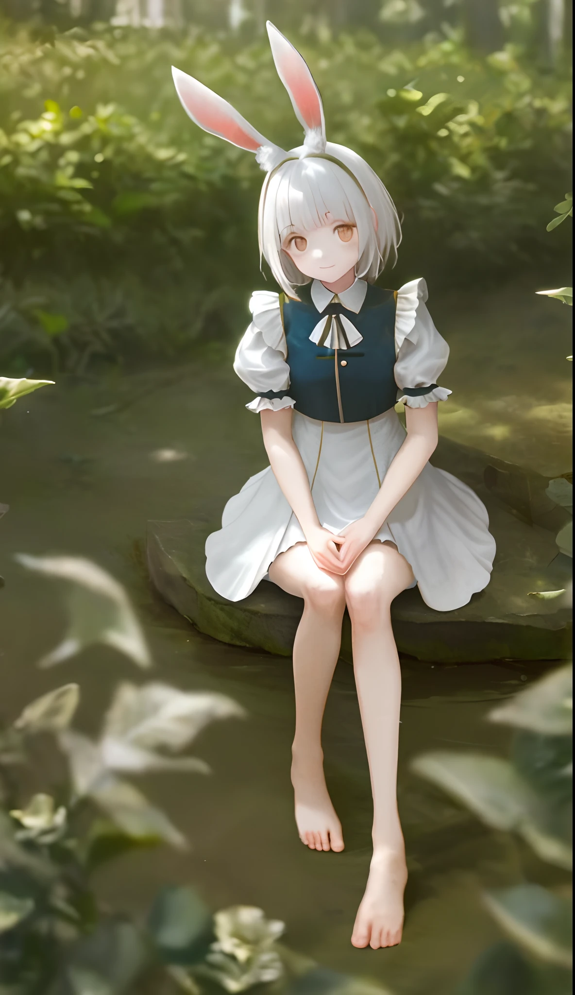 ((Masterpiece,Best quality)),1girll, Solo, Animal ears, Rabbit, Barefoot, Knees up, dress, Sitting, Rabbit ears, Short sleeves, view the viewer, Grass, Short hair, Smile, White hair, Puffy sleeves, Outdoors, puffy short sleeves, bangs, on ground, full bodyesbian, Animal, White dress, Sunlight, Brown eyes, Dappled sunlight, day, Depth of field ,Wet gorund,