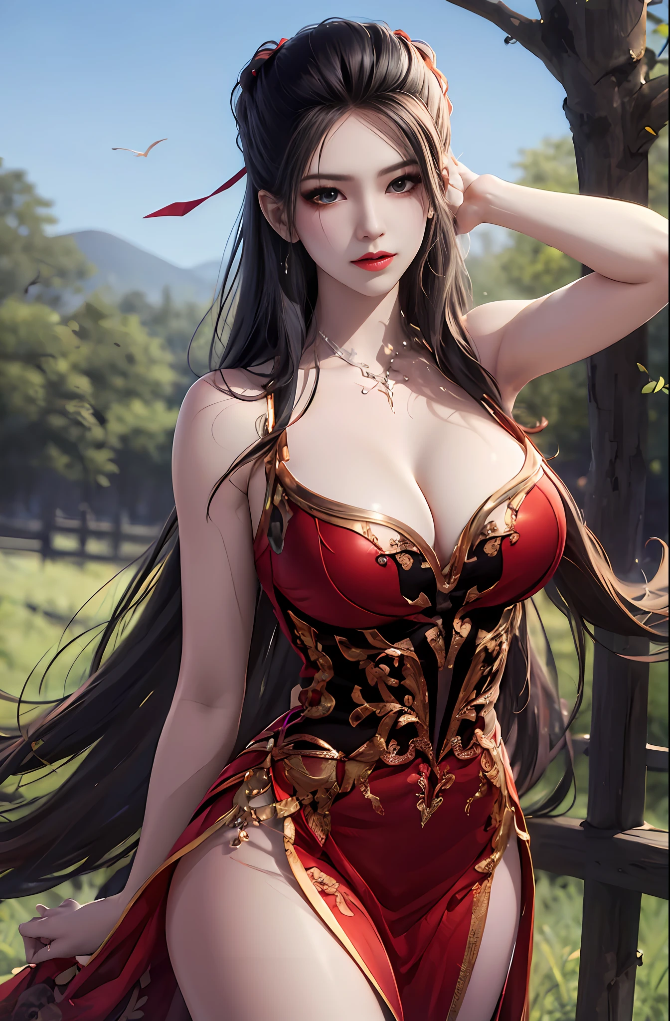 Unbeatable masterpiece,Ultra-realistic 8K CG,Perfect artwork,((Perfect female image)),Big breasts Thin waist,looking at viewert,tempting pose,A sexy pose,Tempting,Clean,beauitful face,Pure face,paleskin,Absurdly long hair,Shiny skin,dent in the skin,delicate patterns,intricately details,opulent,luxury goods,1girll,独奏,exteriors,huge tit,huge tit,Be red in the face,naghty face,leges,Realistis,dent in the skin,The tree,ln the forest,standing on your feet,ylj,Red dress,exposed bare shoulders,hair adornments,