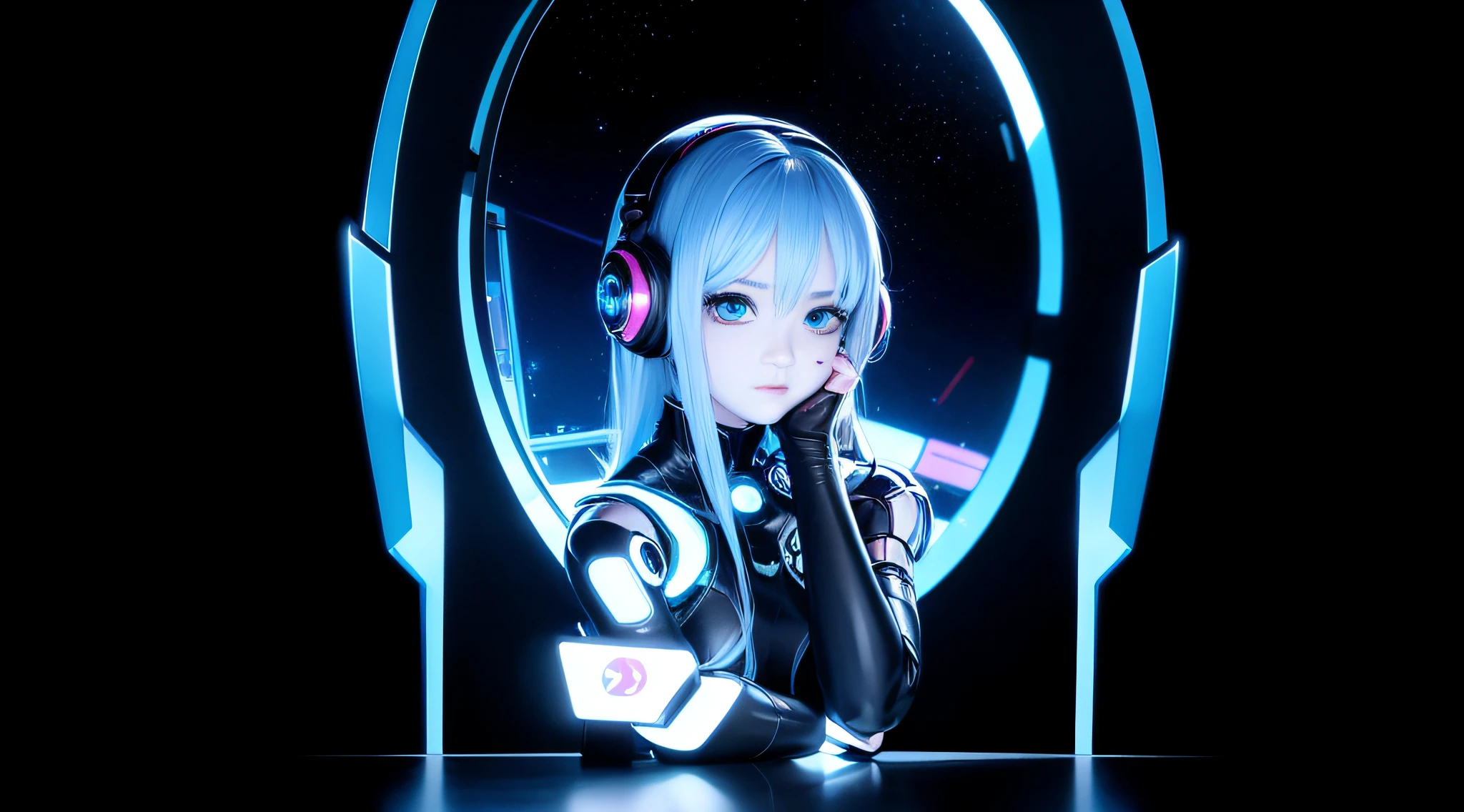 Anime girl with headphones and blue eyes in dark room, perfect anime cyborg woman, 3 d anime realistic, hyper realistic anime, perfect android girl, anime cgi, photorealistic anime girl rendering, anime cgi style, cyborg - girl, perfect cyborg female, beautiful girl cyborg, anime robots, cyberpunk anime girl, beautiful cyberpunk girl face, illusory engine : : rave makeup