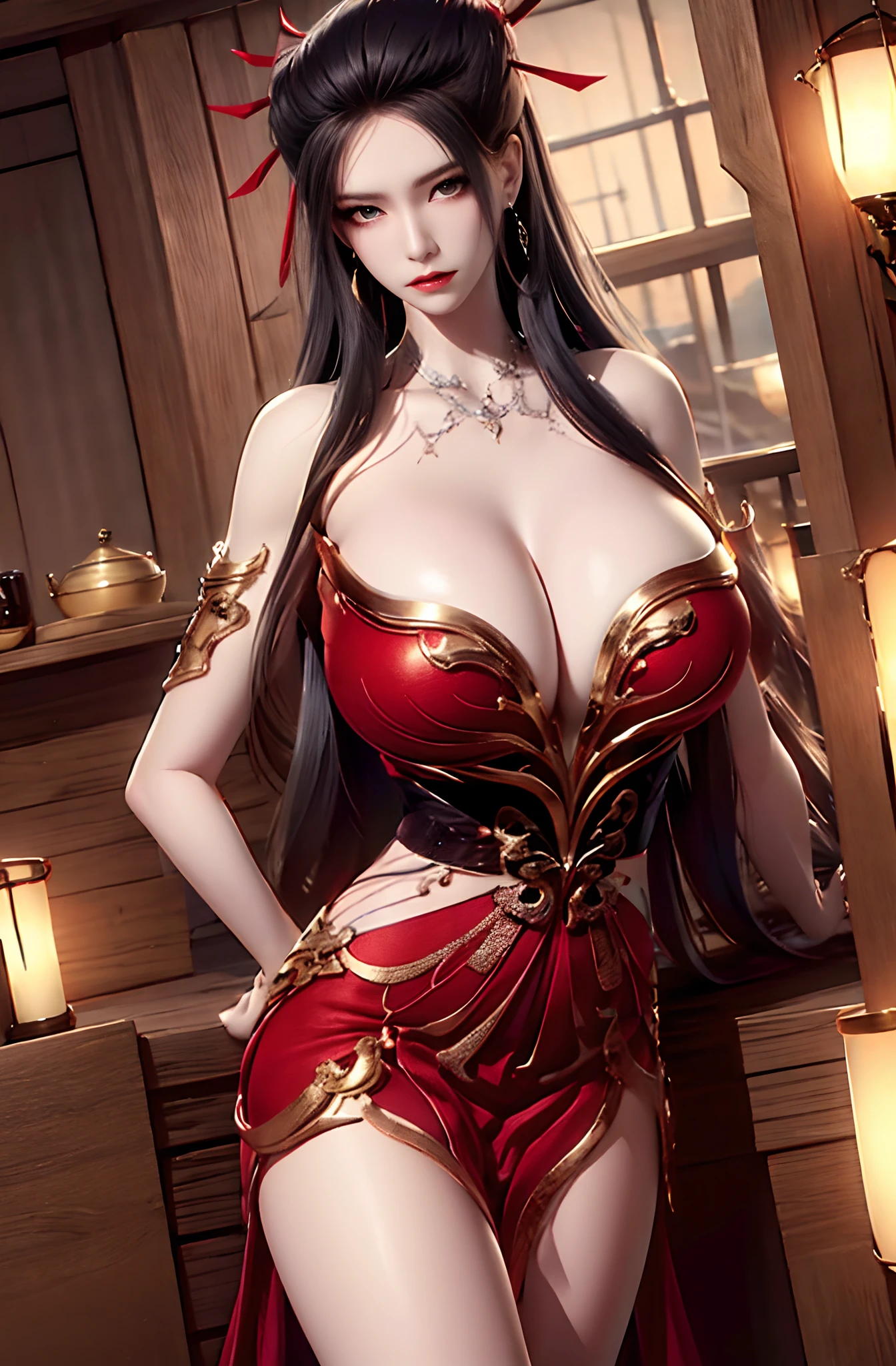 Unbeatable masterpiece，Ultra-realistic 8K CG，Perfect artwork，（（Perfect female image）），((Big breasts Thin waist))，looking at viewert，tempting pose，A sexy pose，Tempting，Clean，beauitful face，Pure face，paleskin，Absurdly long hair，Shiny skin，dent in the skin，delicate patterns，intricately details，opulent，luxury goods，1girll，独奏，exteriors，((huge tit))，Be red in the face，naghty face，leges，Realistis，dent in the skin，The tree，ln the forest，standing on your feet，ylj，Red dress，((exposed bare shoulders))，hair adornments,