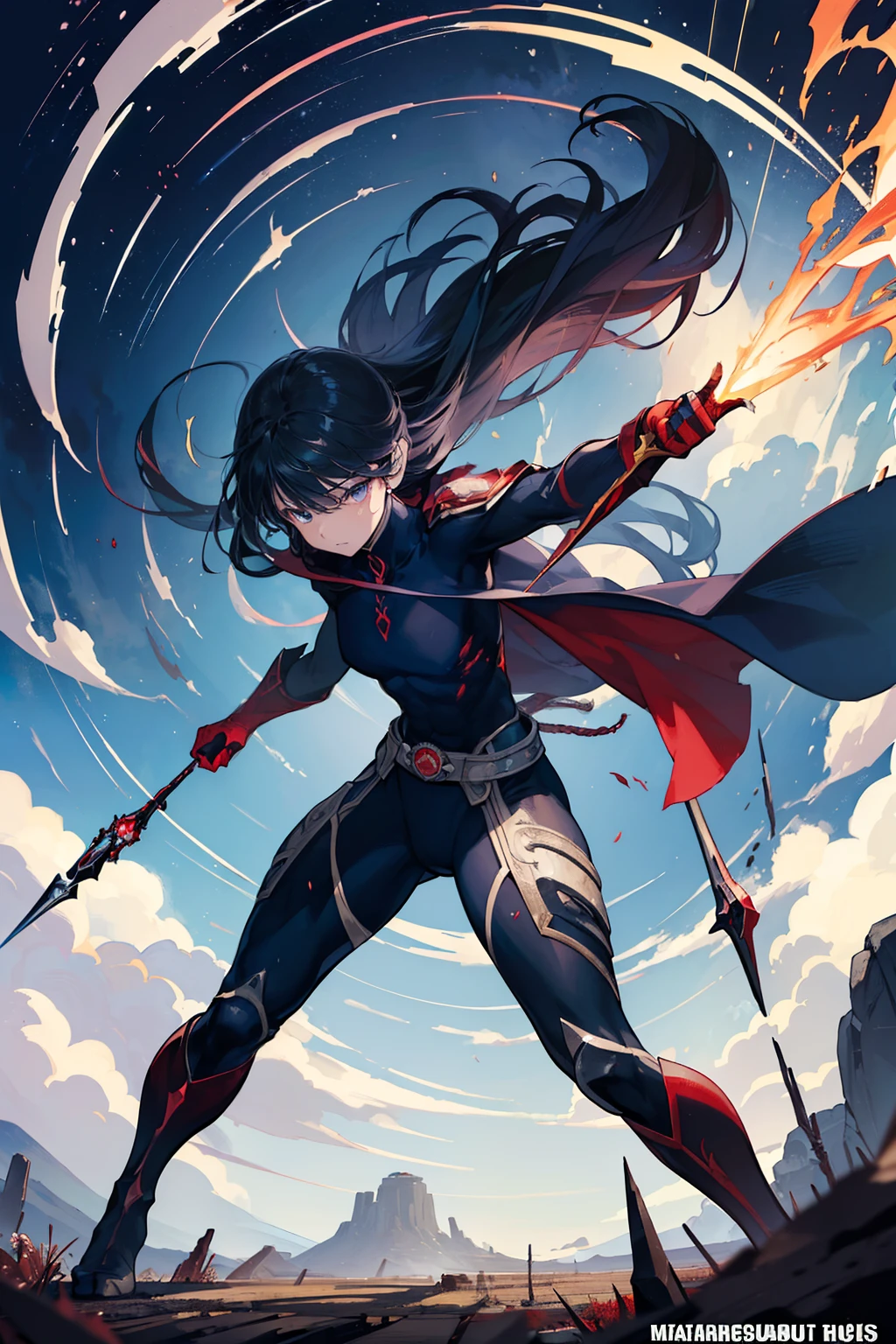 (((top-quality)))、(((ultra-detailliert)))、(((masterpiece)))、(((comics)))、superhero、action、Dynamic、Pow、Strong hit、Scattered beast bones Spires, red crystals, and steel wheels If you move, the wind If you stop, the sky The sound of spears fills the void
