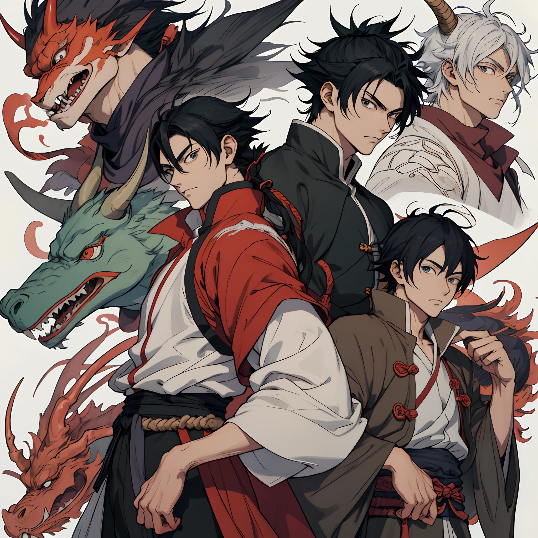 a picture of a man sitting on a floor next to a dragon by Yang J, pixiv contest winner, fantasy art, man with the soul of a dragon, god of dragons, human and dragon fusion, anime epic artwork, yiqiang and shurakrgt, loong, dragon in the background, anime fantasy illustration, onmyoji detailed art